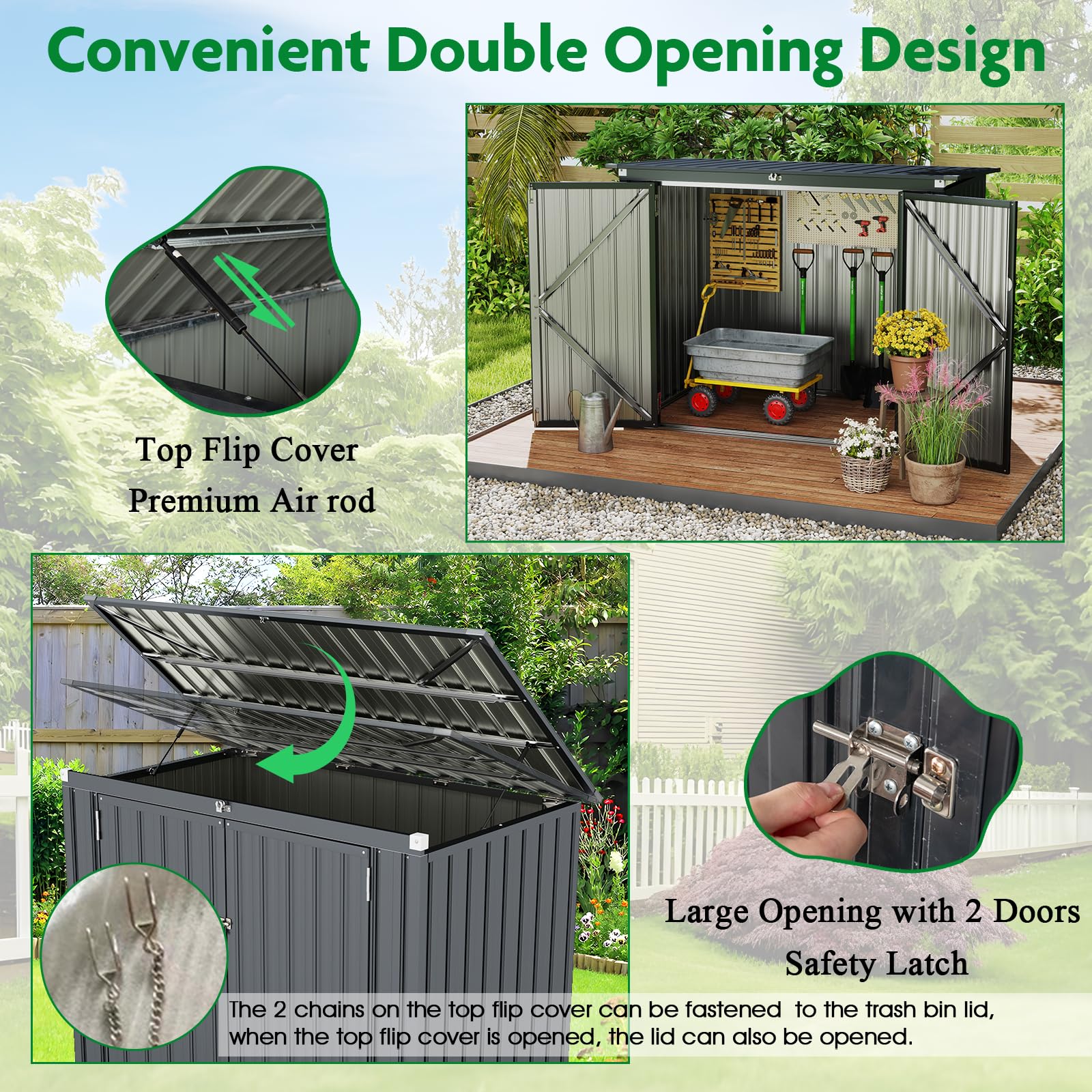 HOMASIS Mülltonnenbox für 2 Mülltonnen, 1,5 m² Gerätehaus Metall, wetterfest Geräteschuppen mit Doppeltür & Klappdeckel, abschließbar Gartenbox Müllbox dunkelgrau, inkl. 2 Handschuhen, 172x101x130cm