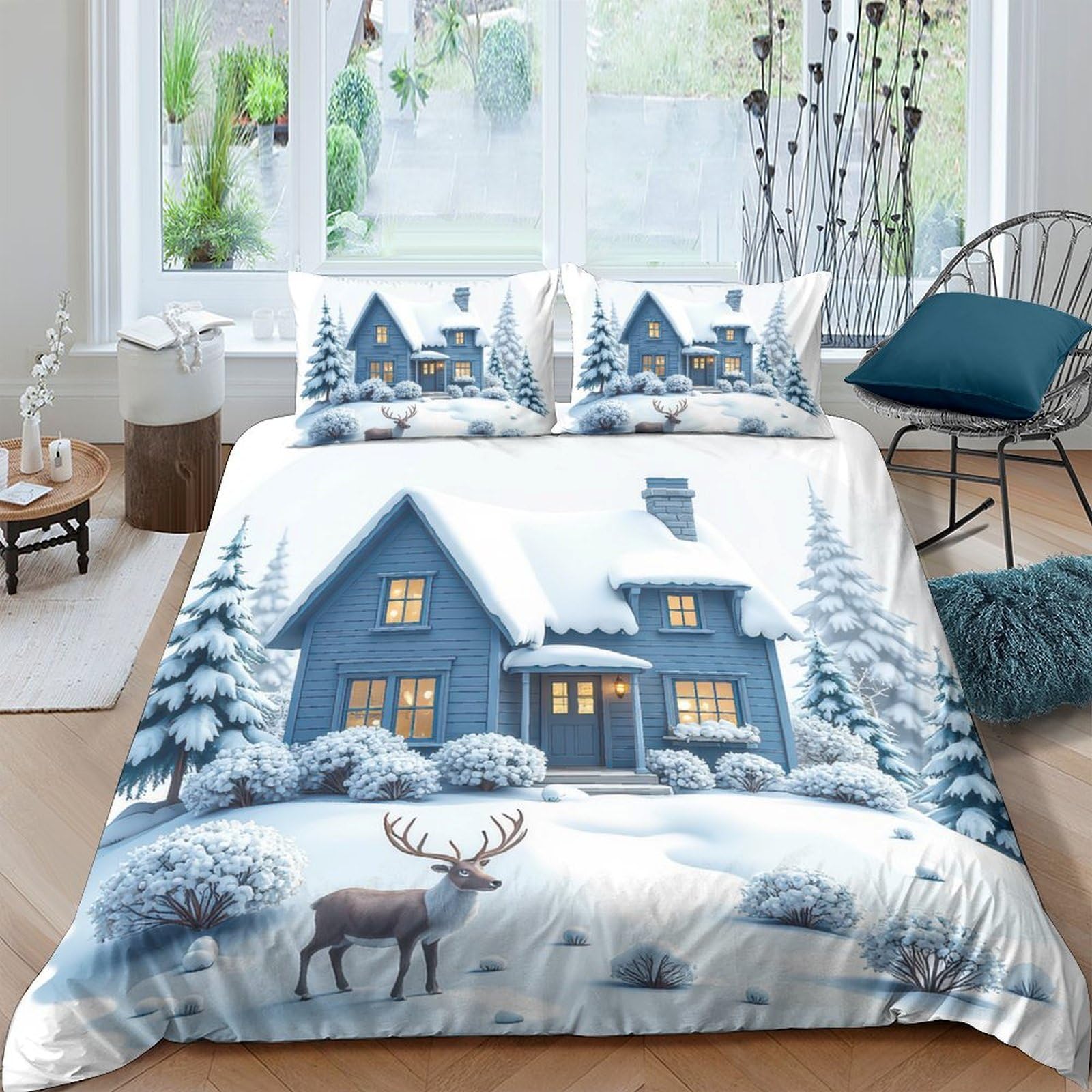 GPLZQXKJNH 3D Printed Winter Cabin Duvet Cover Microfiber Soft Breathable Deer Snow Forest Bedding Set with 2 Pillowcases for Bedroom Home Decor Single（135x200cm）