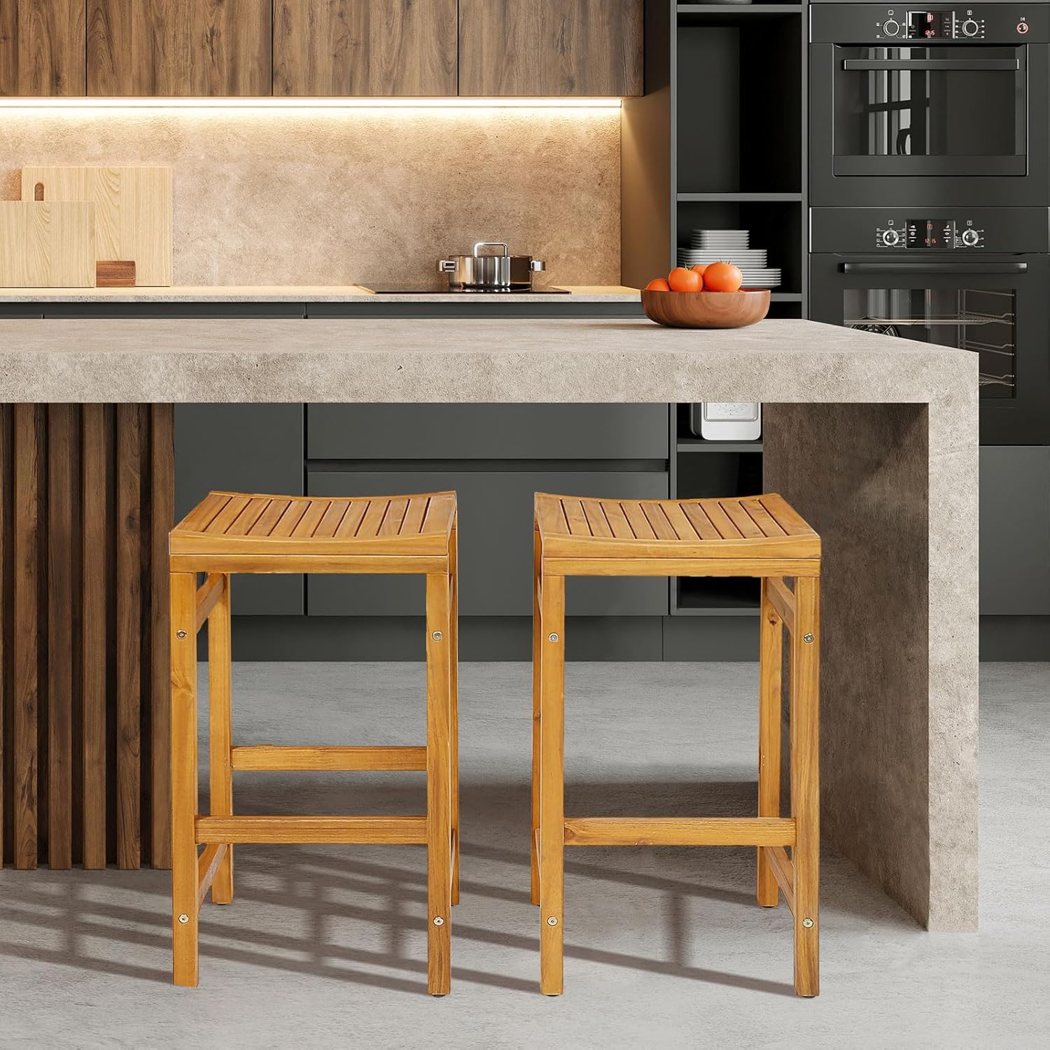 Tangkula Acacia Wood Bar Stool Set of 2, 30-Inch Height Bar Chair with Saddle Shaped Seat & Sturdy Footrest, Patio Furniture Chair Set, with 400 LBS Capacity, for Porch, Poolside, Balcony (2)