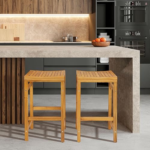 Miniatura 4 de Tangkula Juego de 2 taburetes de bar de madera de acacia, sillas de bar de 30 pulgadas de altura con asiento en forma de silla y reposapiés