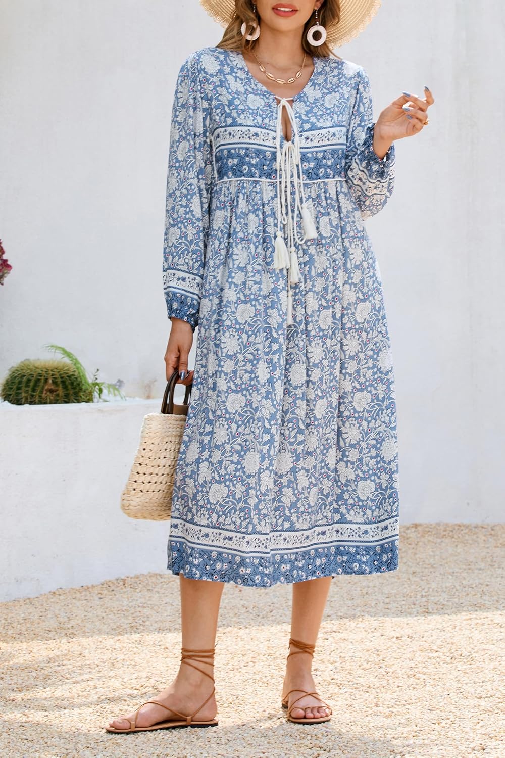 R.Vivimos Women's Long Sleeve Floral Print Retro V Neck Tassel Bohemian Midi Dresses - Image 4