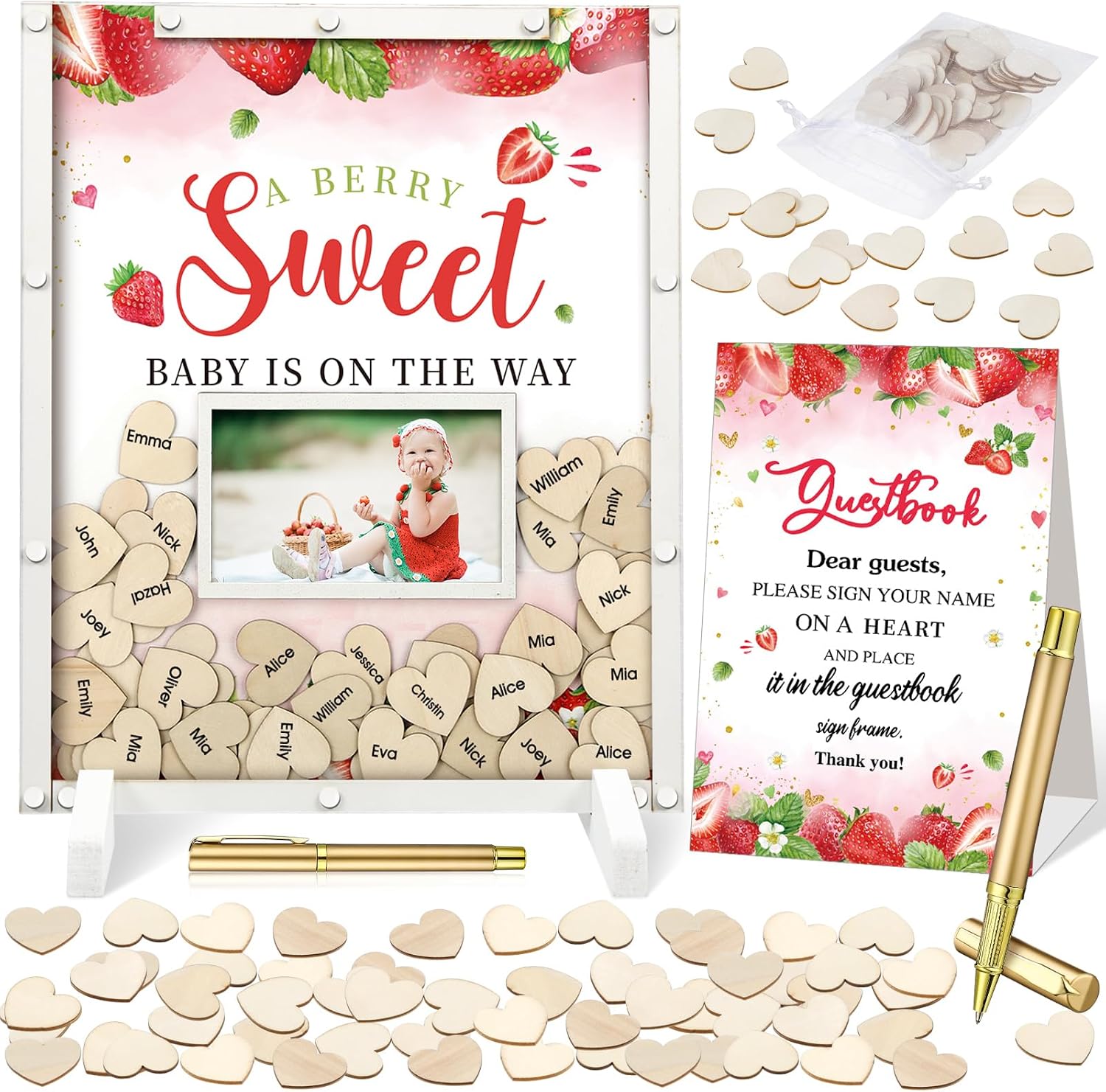 Beeveer 65 Pcs Strawberry Baby Shower Guest Book Berry Theme Baby Shower Decorations Alternatives He or She Gender Reveal Decorations Sign in Guest Book with Picture Frame and 60 Wooden Chip