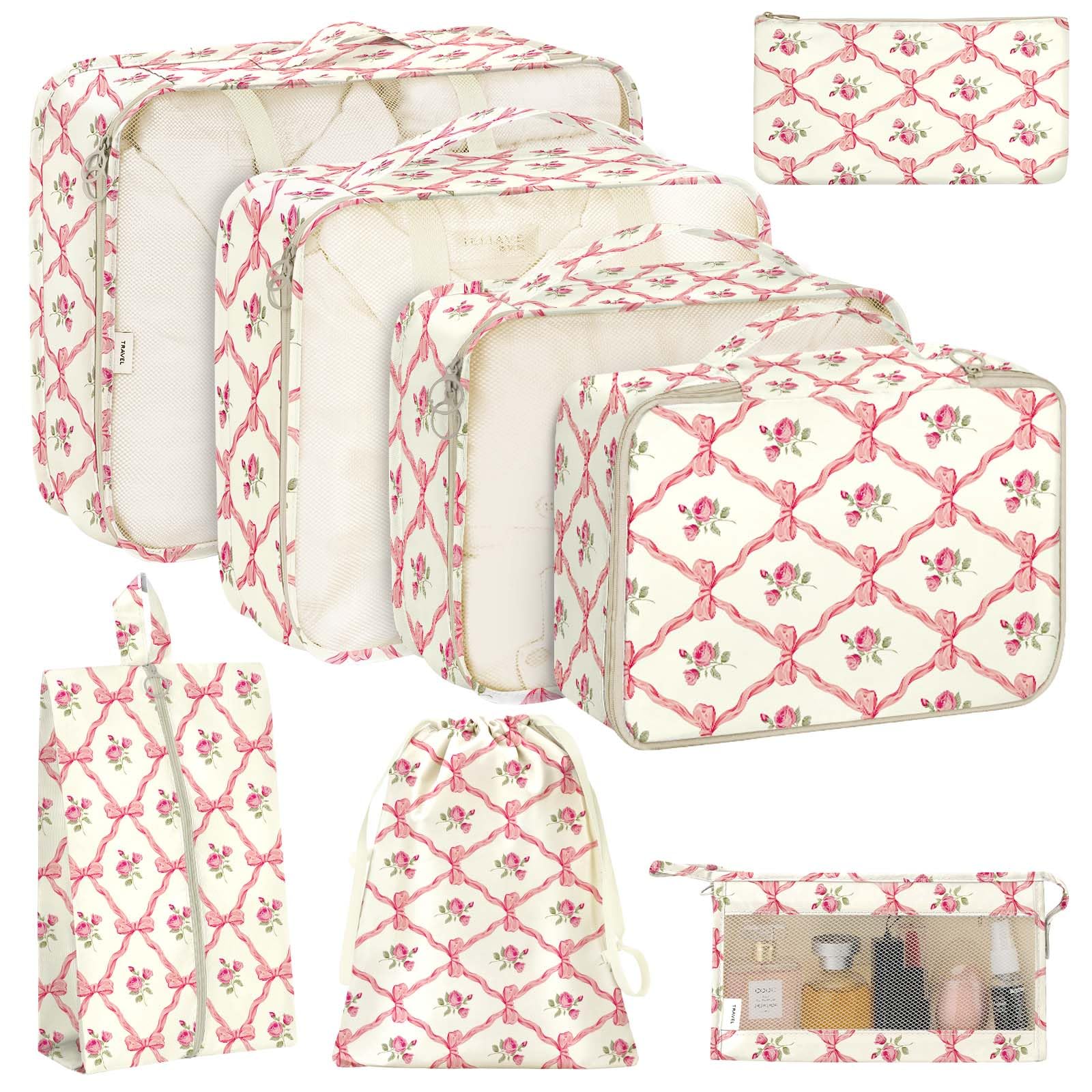 KPX 8 Set Packing Cubes for Travel, Luggage Packing Organizers Accessories Large Toiletries Bag for Clothes Shoes Cosmetics (8Set-Flower & Bow)