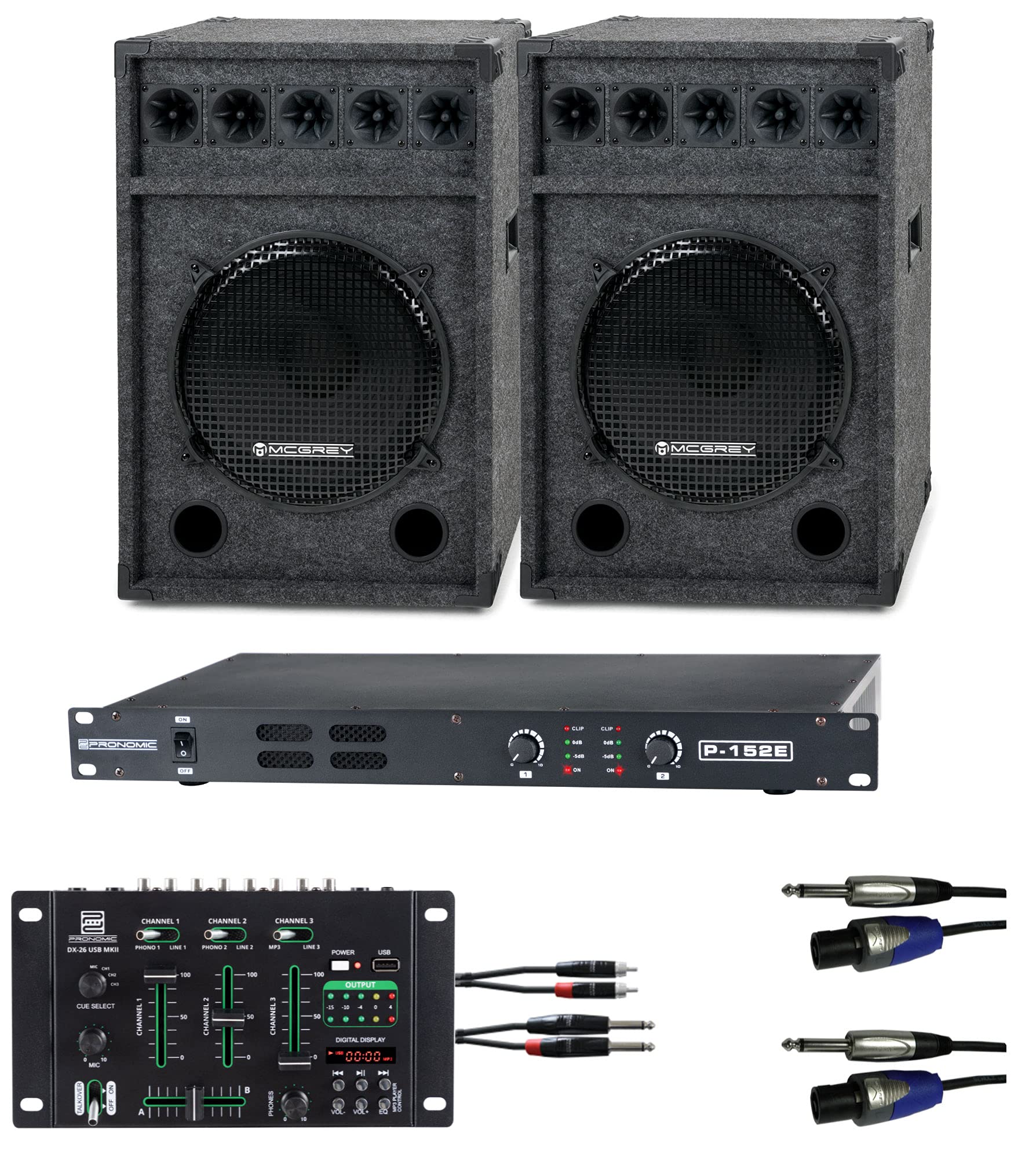 Pronomic DJ-Party Set II Komplettset 2X Festival 15 Box, 1x Mixer, Endstufe, Kabel
