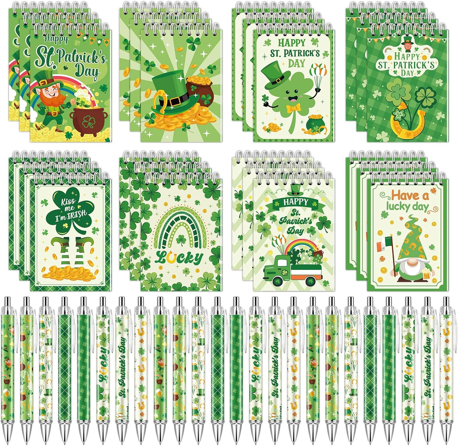 48 Pcs St. Patrick's Day Notepads with Shamrock Ballpoint Pens Set Spiral Mini Notebooks St. Patrick's Day Party Favors Lucky Shamrock Stationery Set for School Classroom Prize Exchange Gifts