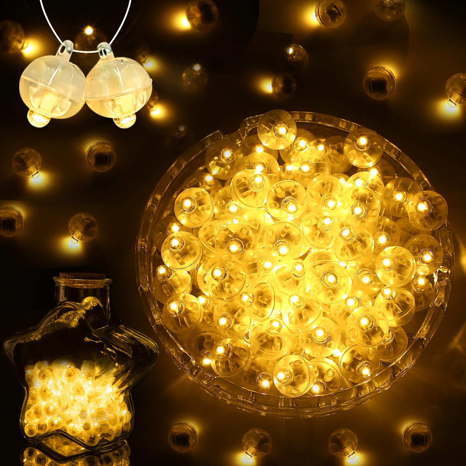 50pcs Warm White LED Mini Round Flashing Balloon Lights Long Standby Time Reusable Waterproof Balloons Lights with Hook for Balloon Paper Lantern Party Wedding Birthday Decorations