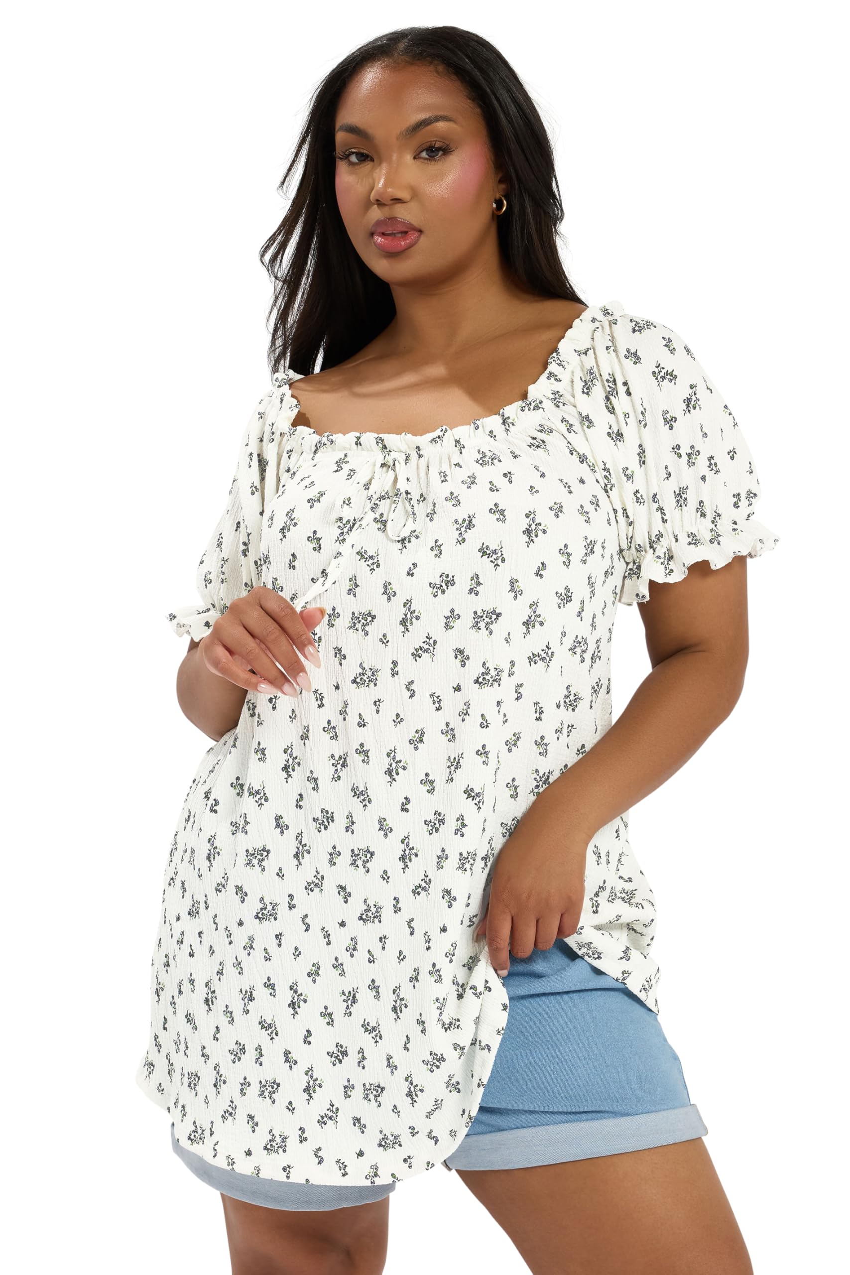 Yours Curve Floral Print Textured Frill Top - Women's - Plus Size Curve