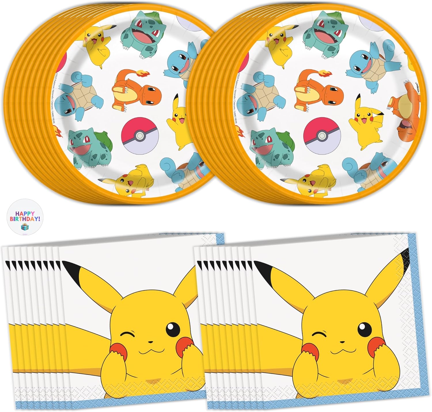 16 Pack Pokemon Dessert Plates and Napkins - 16 Cake Plates 7", 16 Beverage Napkins - Pokemon Birthday Party Decorations - Officially Licensed
