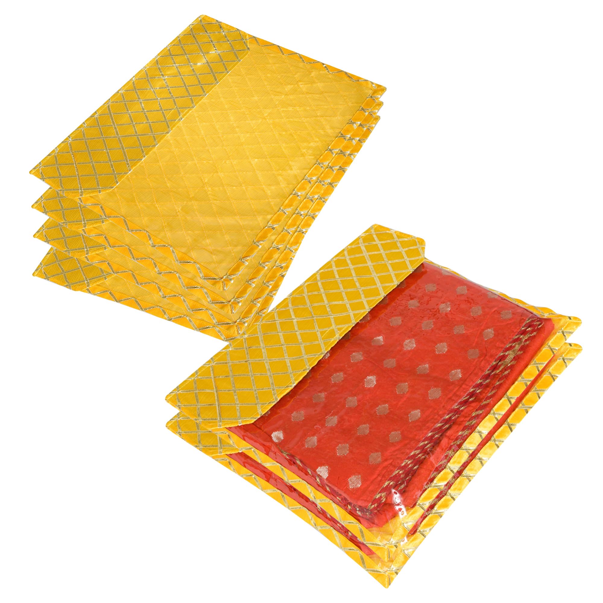 Kuber Industries Saree Cover | Clothes Storage Bag | Single Packing Saree with Zip Closure | Wardrobe Organizer | Cloth Stoarge Organizer | Check Jama-Design | Pack of 6 | Yellow