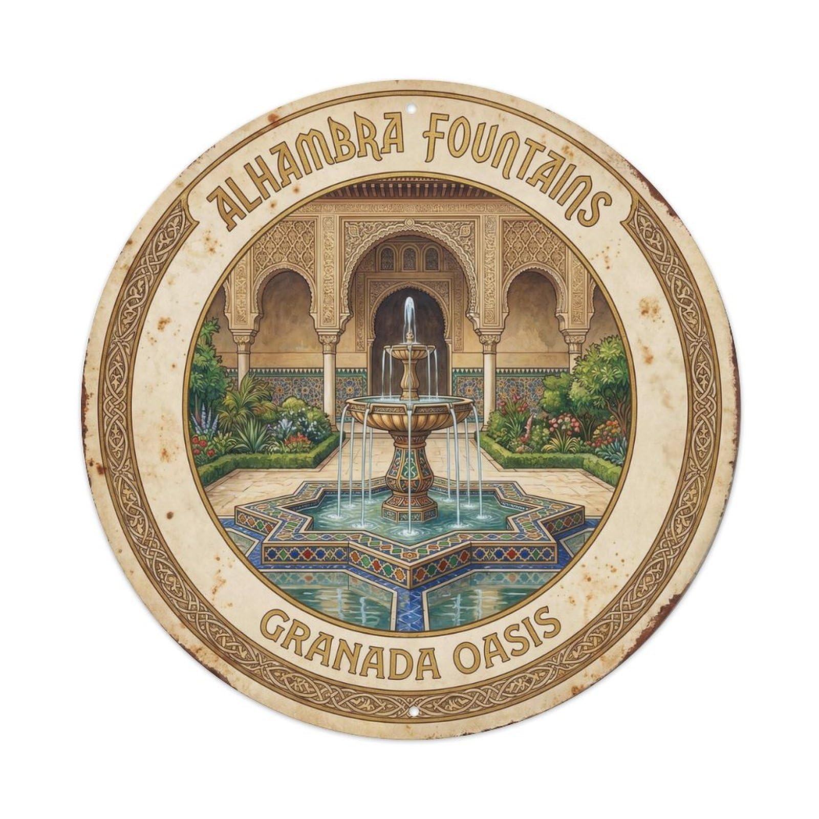 Alhambra Landmark Fountain Granada Oasis City Europe Metal Tin Sign Plaque Wall Decor for Cafe, Man Cave, Club Bar, Office, Home Garden Round Metal Poster 8x8Inch