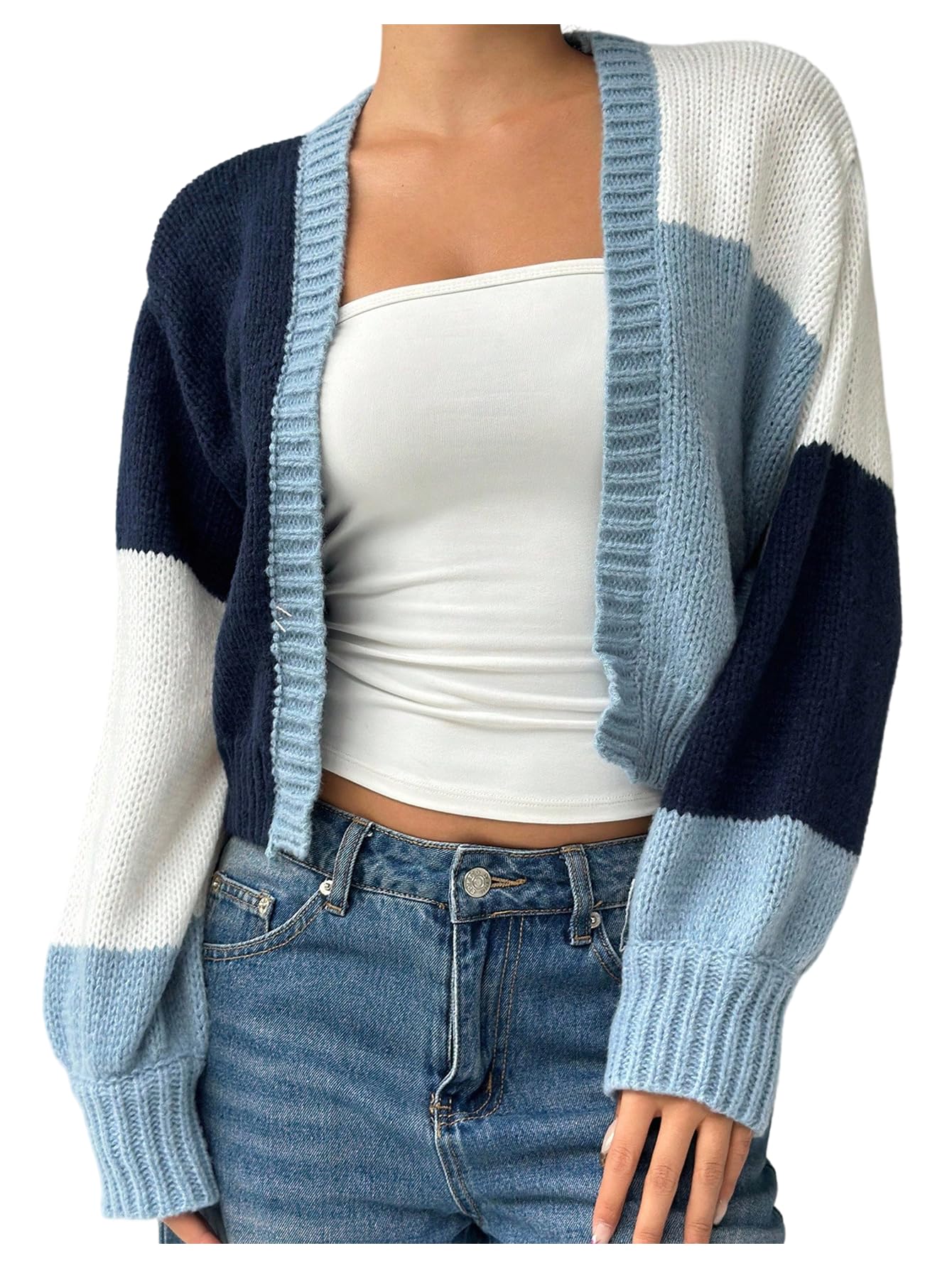 SHENHE Womens Color Block Cardigan Open Front Long Sleeve Knit Cropped Sweater
