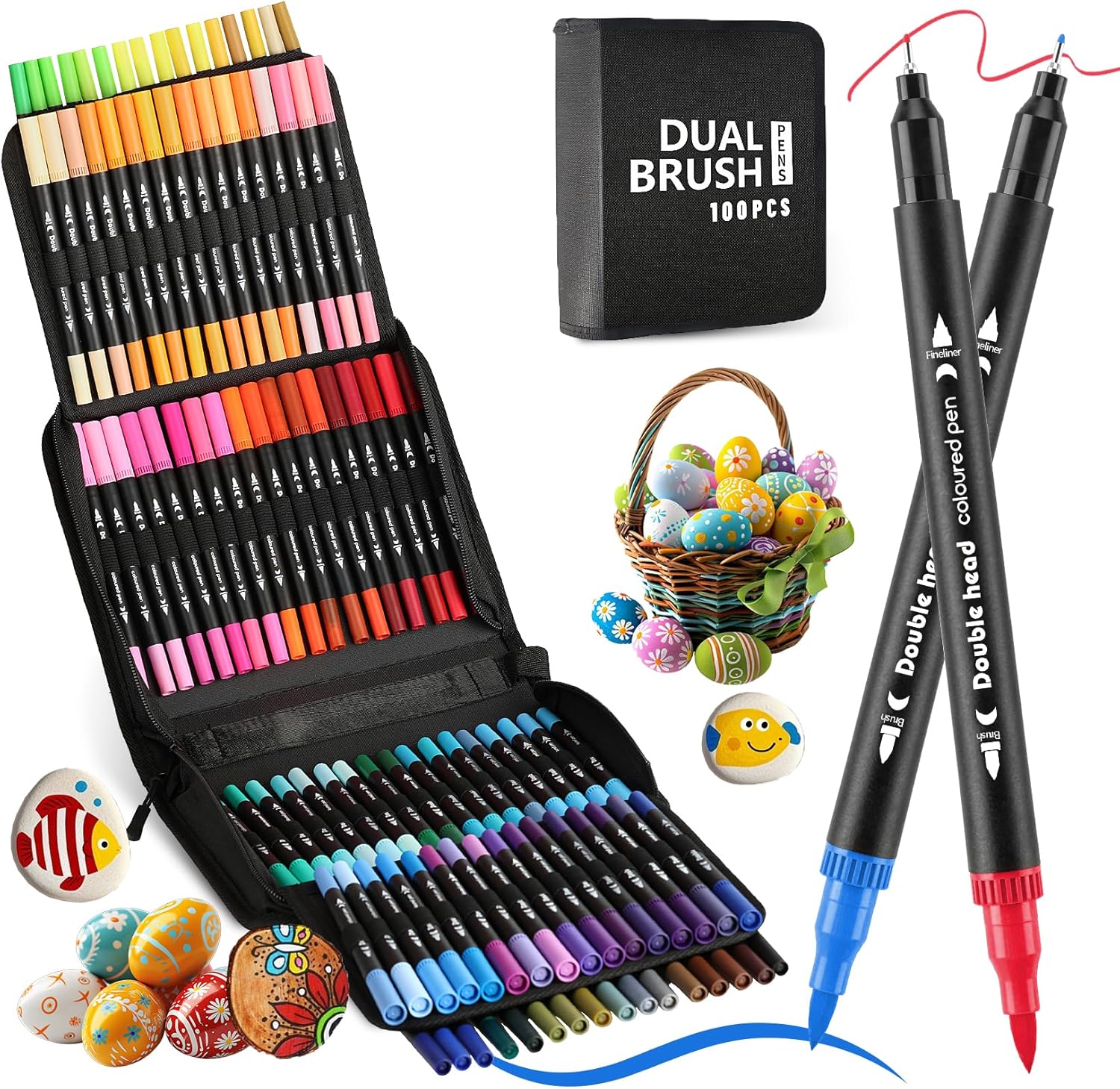 Dual Tip Markers for Adult Coloring Books No Bleeding,100 Colored Washable Markers Set,Brush & Fine Tip Markers for Coloring,Drawing,Journaling,Sketching （100 Colors）