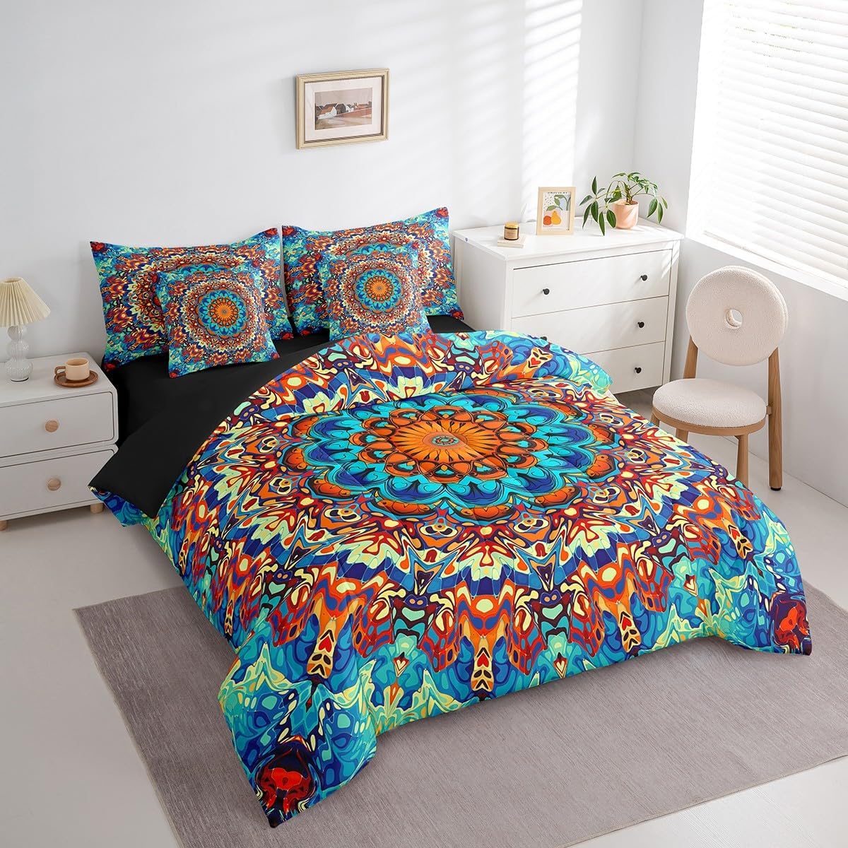 Boho Mandala Queen Size Comforter Set Art Deco Vintage Bedding Comforter Sets, Retro Bohemian Bed in a Bag 7pcs Paisley Bedding Set, Oriental Medallion Bed Set Colorful Aesthetic Bedroom Decor