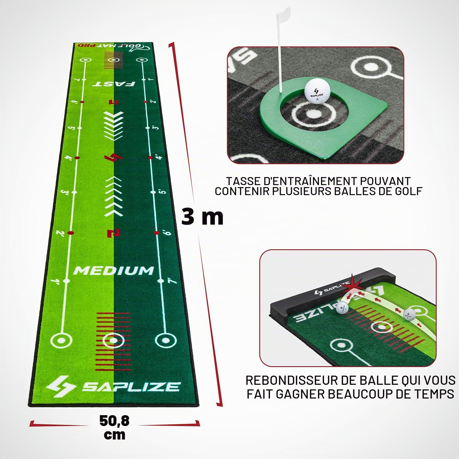 SAPLIZE Tapis de putting de golf avec miroir d'alignement de putting - 20 x 10 pieds - Pour l'intérieur et l'extérieur - Pour le travail à domicile et le bureau