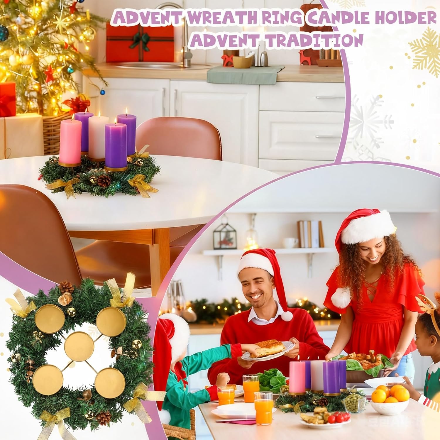 Christmas Advent Wreath Candle Holder with 5 Candles Gold Ribbon Candle Stand Decoration Ring Centerpiece Decoration for Nativity Rustic Home Church