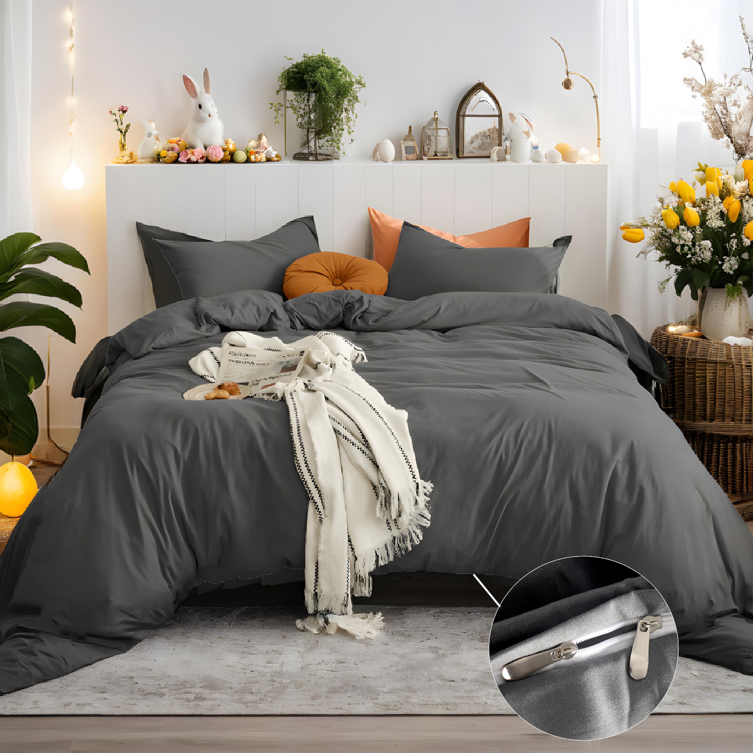 Bedding Double Duvet Cover Set 3 PCS Double Plain Brushed Microfiber Bedding 1 Duvet Cover with 2 Zippers and 2 Pillowcases Grey