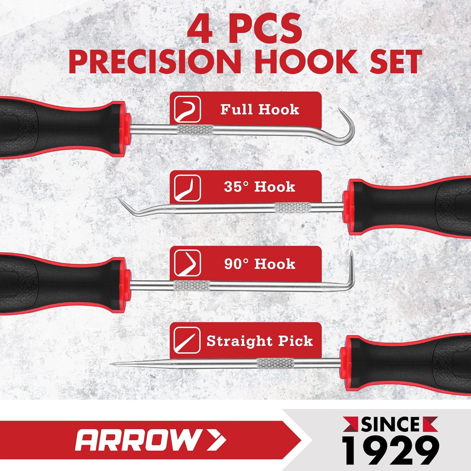 ARROW 4-Piece Precision Hook and Pick Set with Pouch, Mini Pick Tool Set for Automotive Mechanic, O-Ring Removal Tool, Oil Seal, Gasket Remover, Hose Puller Hooks