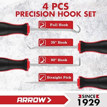 ARROW 4-Piece Precision Hook and Pick Set with Pouch, Mini Pick Tool Set for Automotive Mechanic, O-Ring Removal Tool, Oil Seal, Gasket Remover, Hose Puller Hooks