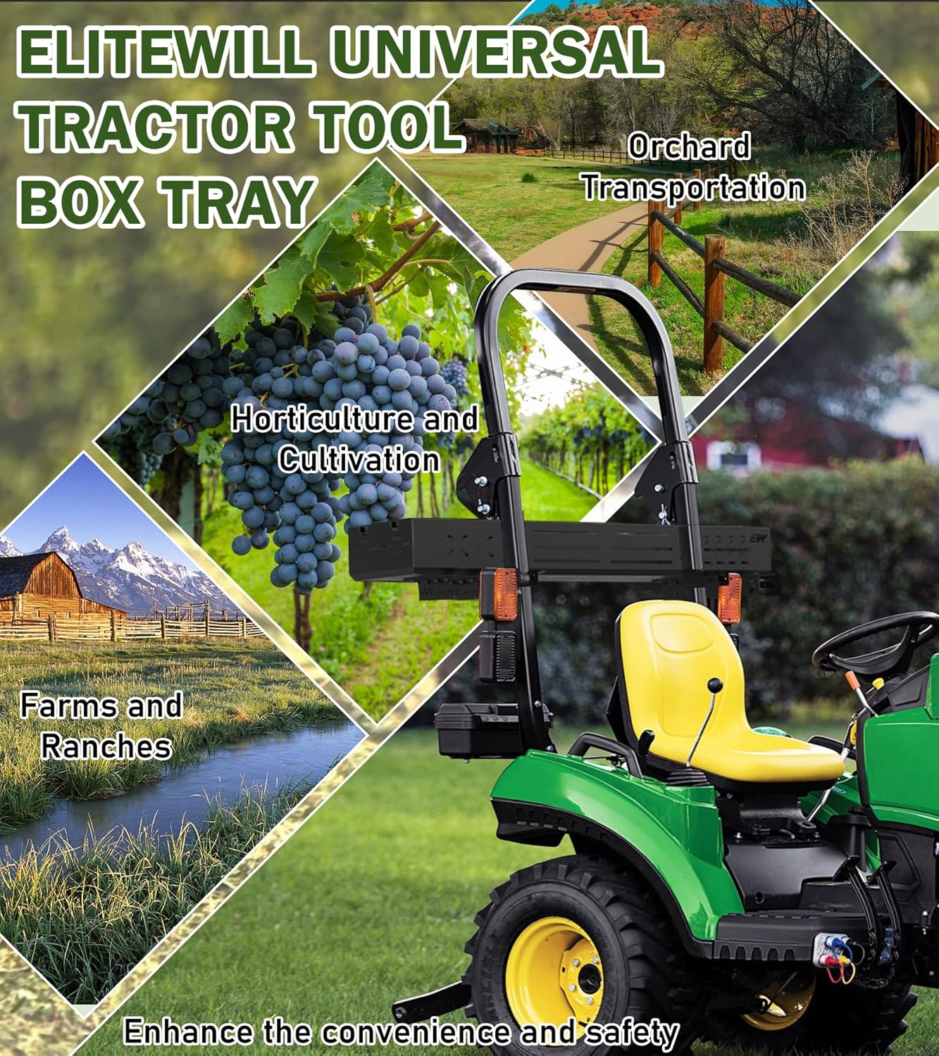 ELITEWILL Universal Tractor Tool Box Tray with Bracket 46.5x15.6x5.7 Inch Extra Large Aluminum Tractor Tool Basket 180 LB Capacity Carrier for Farmers Landscapers Ranchers