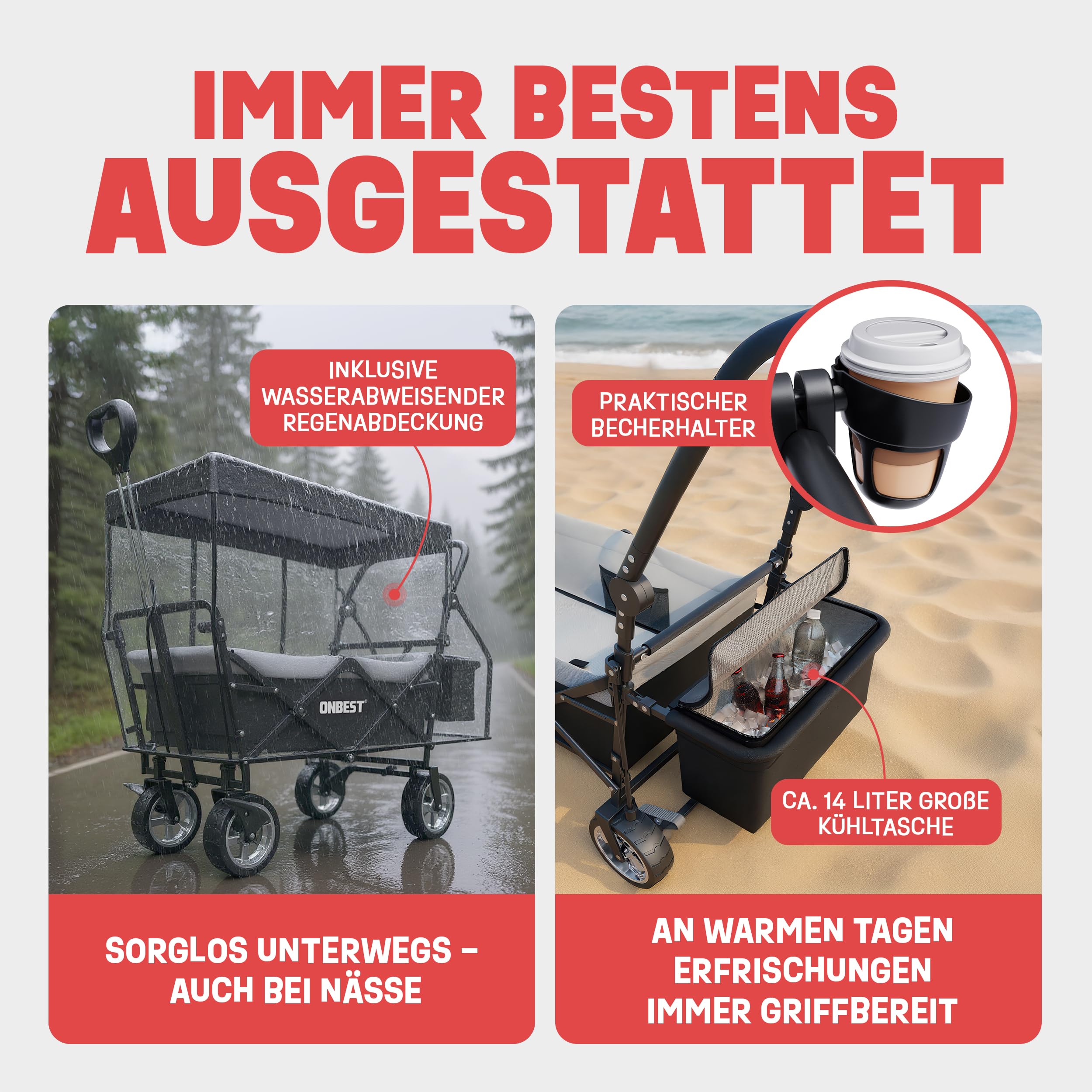 ONBEST Bollerwagen faltbar – Faltbollerwagen mit Dach, Schwarz | Klappbarer Strandbollerwagen mit Regenschutz, Sonnenschutz-Dach, Kühltasche & Becherhalter für Outdoor und Camping