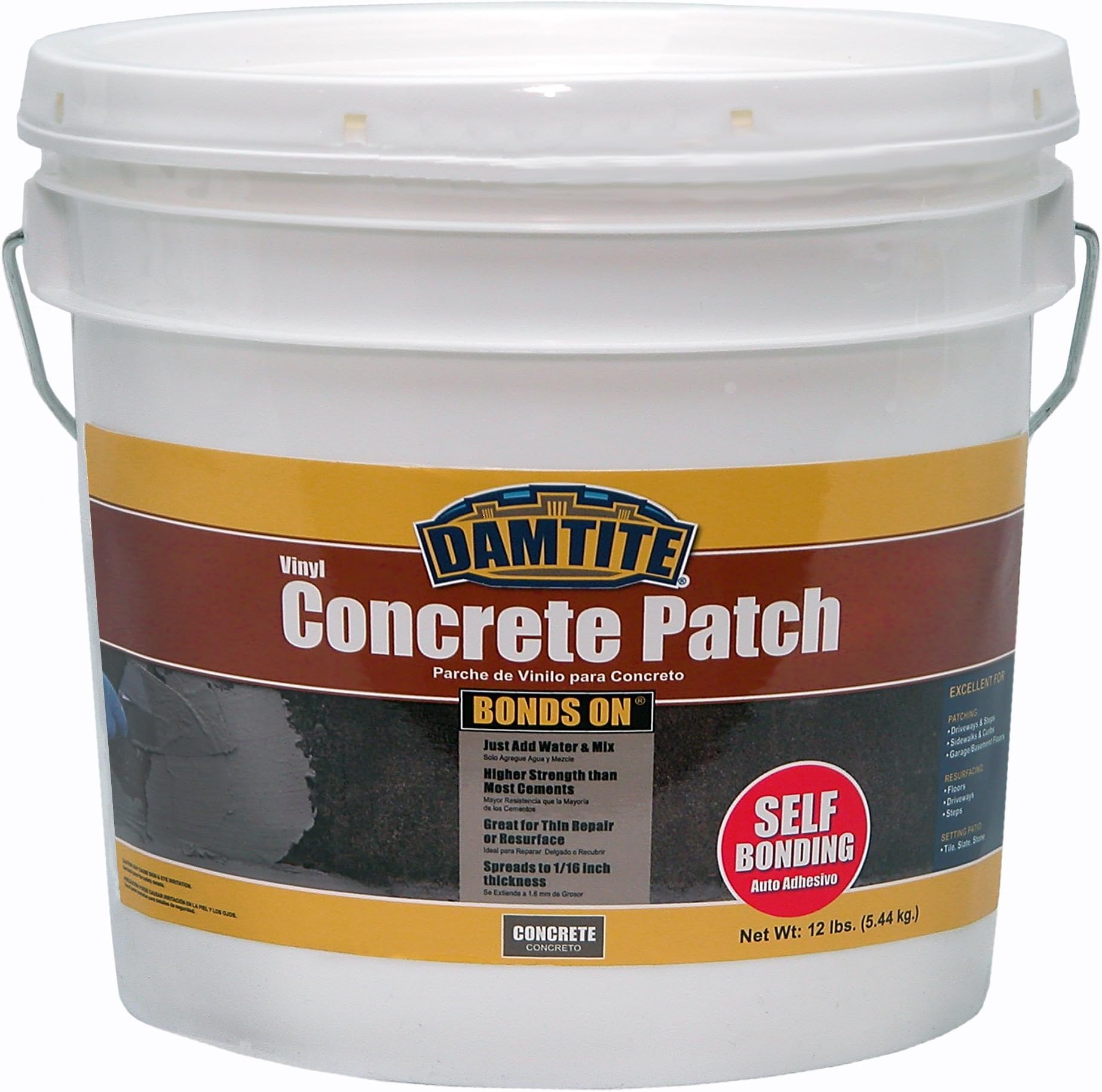DAMTITE BondsOn Vinyl Concrete Patch, Higher Strength Than Most Cements, Spreads to 1/16" Thickness, Just Add Water & Mix (12lb)