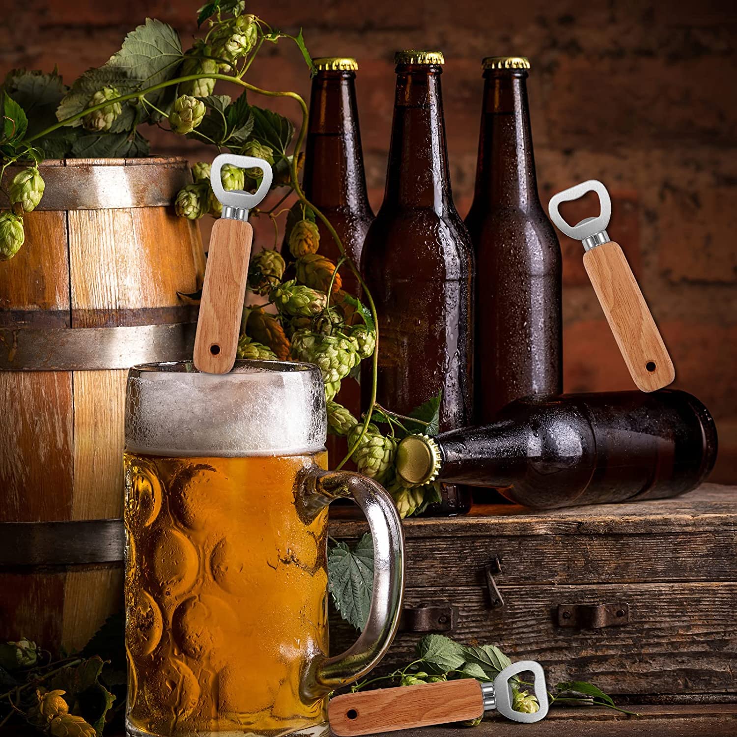 Apribottiglie, 40 pezzi, manico in legno naturale, apribottiglie con foro portatile, in acciaio inox, grande regalo per uomini, Natale, Capodanno, festa