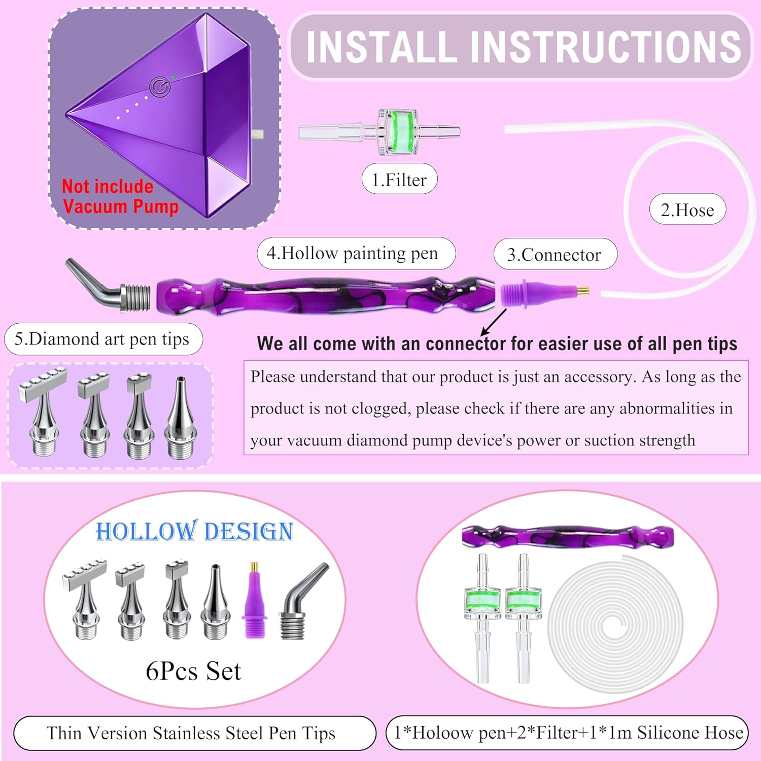 Replacement Kit for Vacuum Diamond Painting Pens, E-Painter Replacement Pen + 2 Filters + Steel Screw 1/2/3/5/Elbow Multiplacers + 1m Silicone Tube fits Most Electric Diamond Art Pen (Purple-3/5)