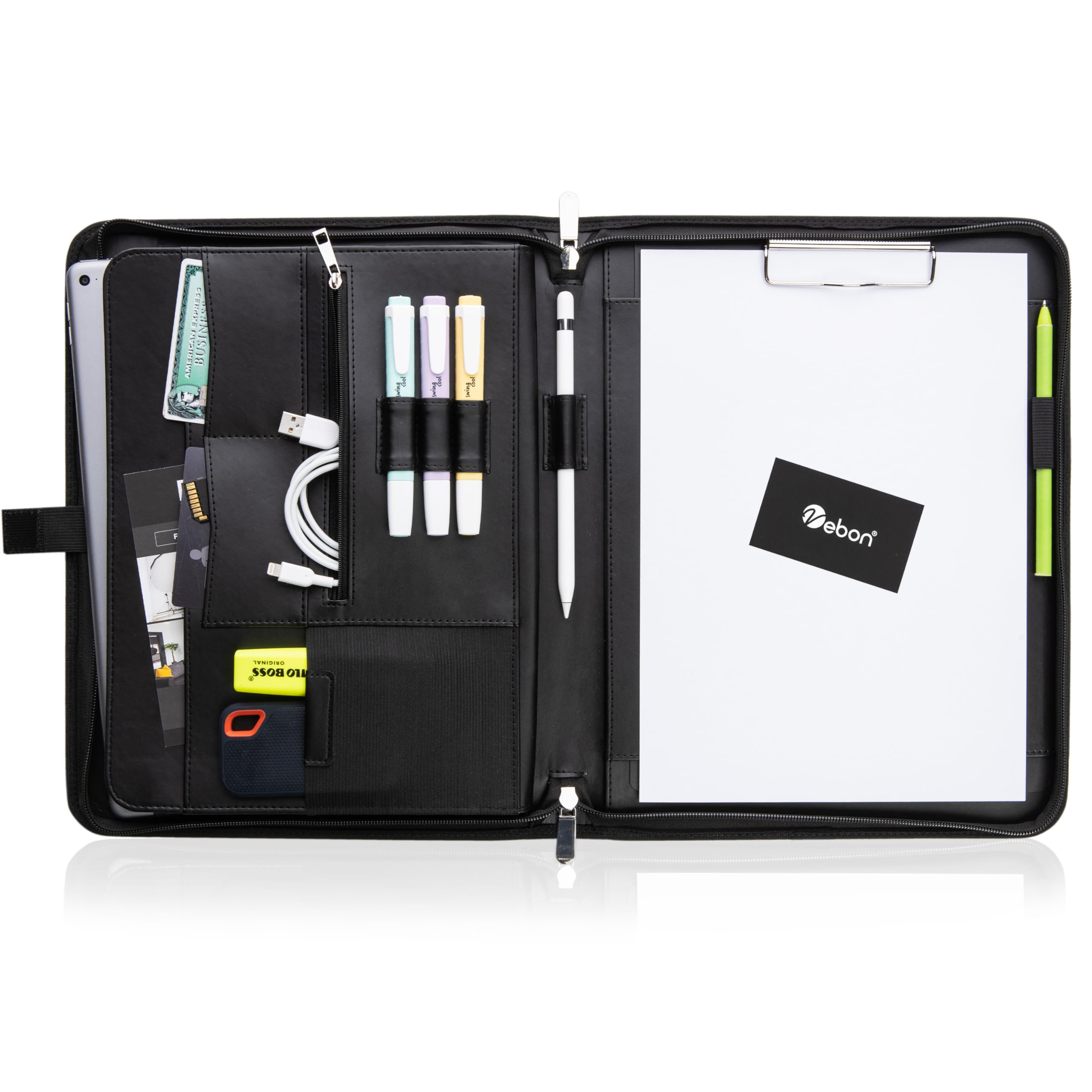 Vebon® Carpeta A4 grande "Roma" doble cremallera + portapapeles, carpeta de conferencias + bolsa para ordenador portátil, espacio extra, Negro Piel Sintética, Gris Fantasma