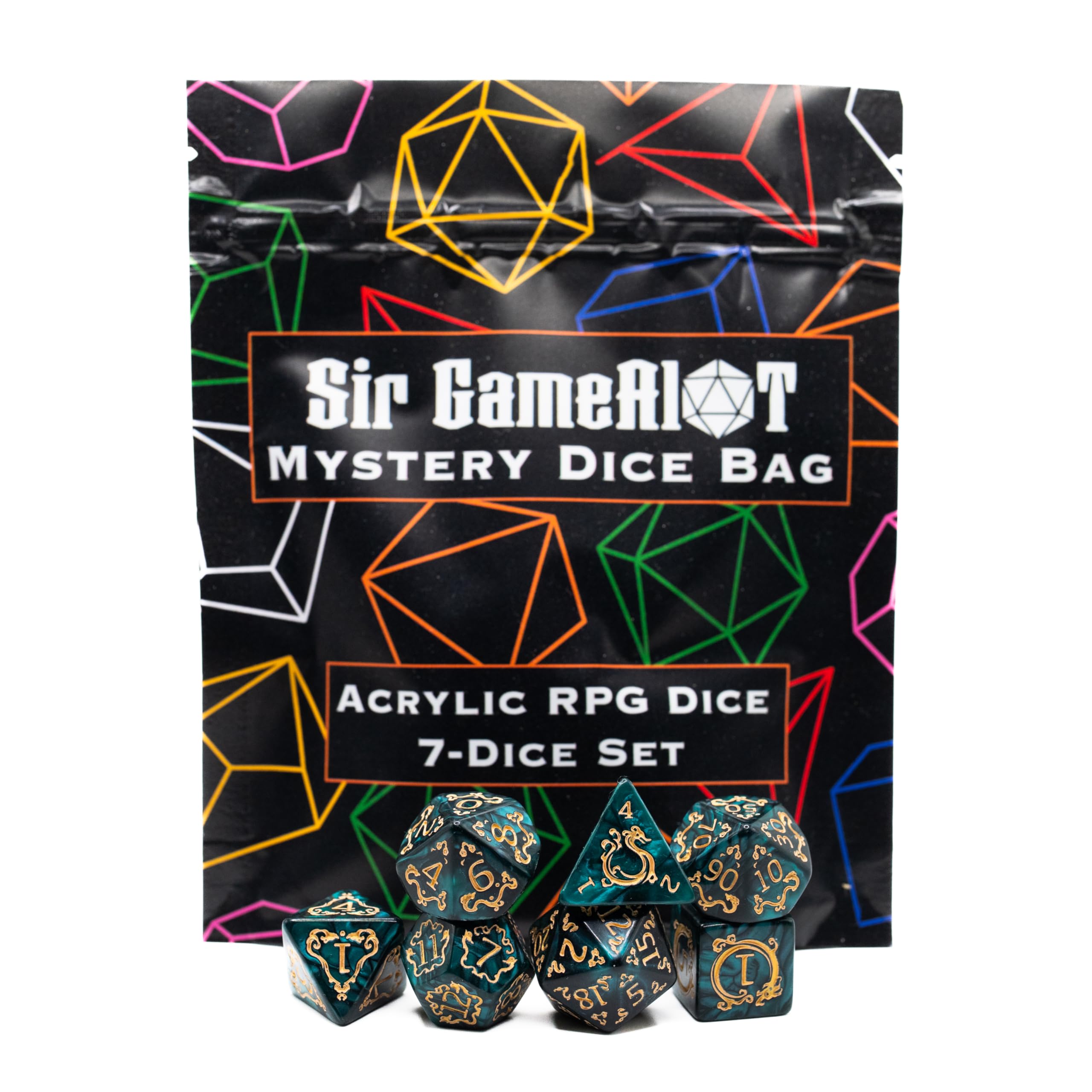 Mystery Dice Bag | Set of 7 Polyhedral Gaming Dice | One Set Chosen at Random | RPG, DND etc. (Mystery Acrylic Set)