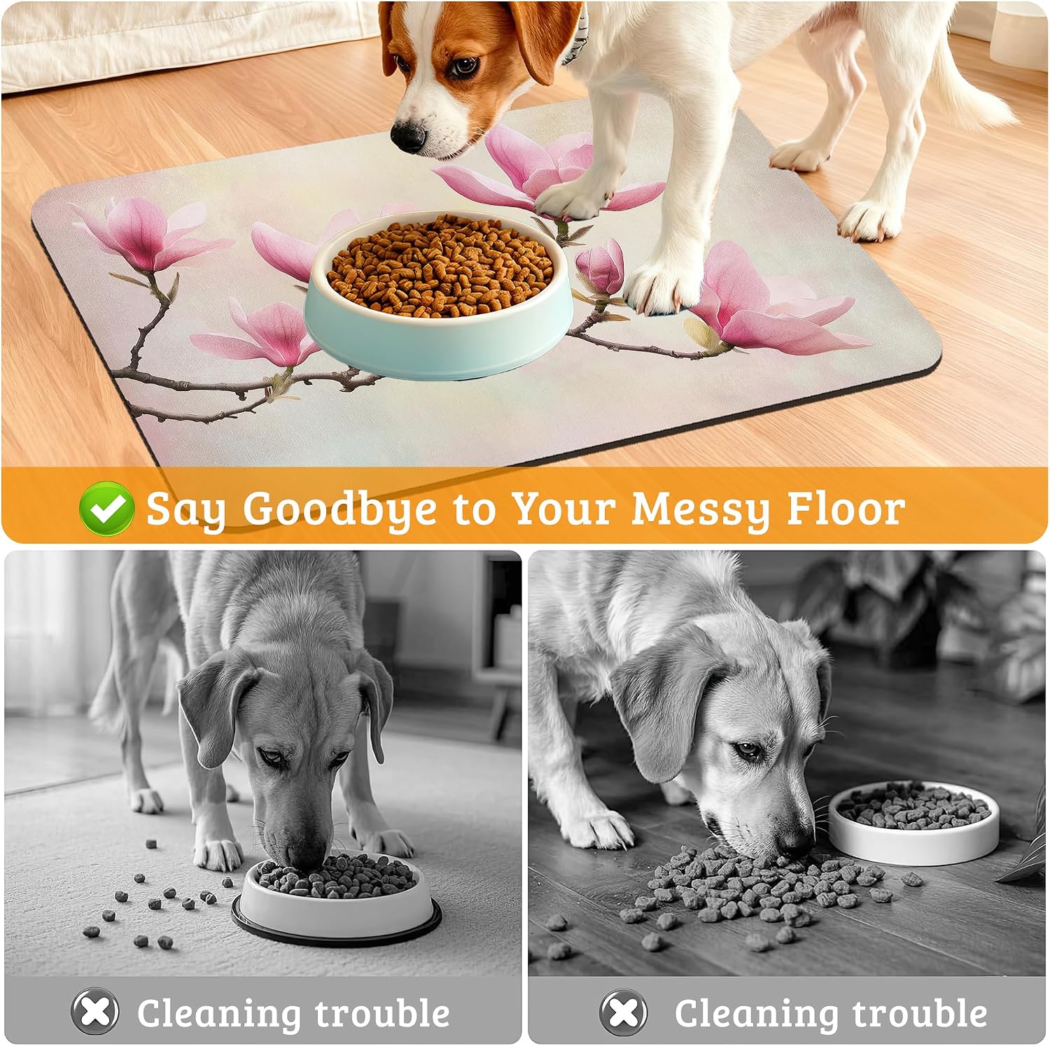 Pink Magnolia Feeding Mat,Vintage Flowers Absorbent Quick-Dry Cat Dog Food and Water Bowl Mats,Non-Slip Rubber Backing Mat,Cat Dog Accessories Supplies 12" x 20" image 4