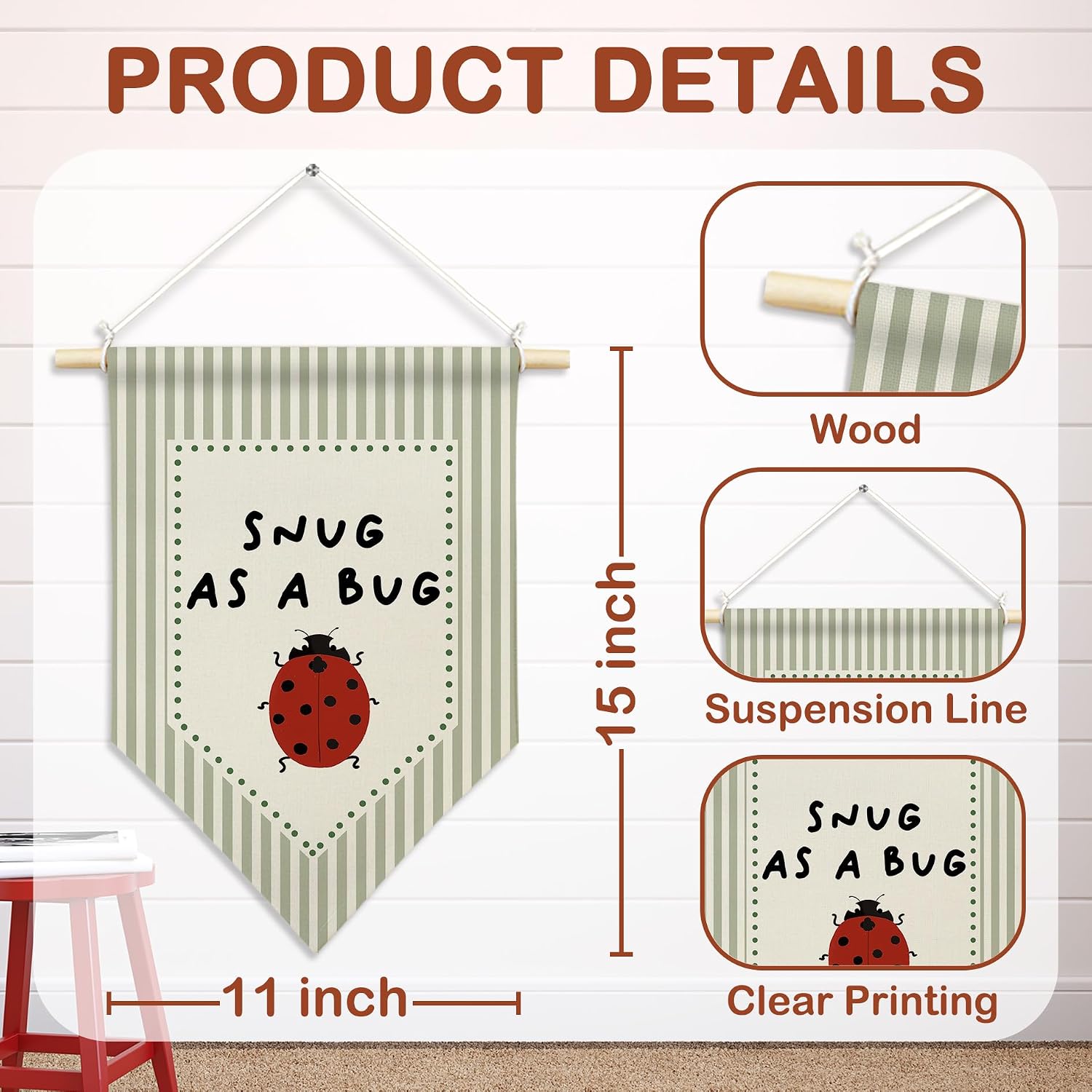 CUANFDDSF Funny Ladybug Nursery Wall Art, Kids Room Wall Decor Hanging Pennant Flag, Snug As a Bug Sage Green Striped Canvas Banner Decorations for Home Kids Room Bedroom Playroom Decor, 11x15 Inch