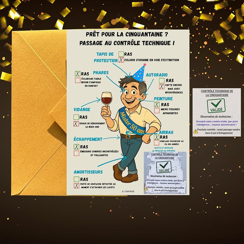 Carte et Magnet Anniversaire 50 Ans à Gratter – Contrôle Technique Humoristique – Carte 50 ans Homme Originale – Carte Anniversaire 50 Ans Drôle Humoristique