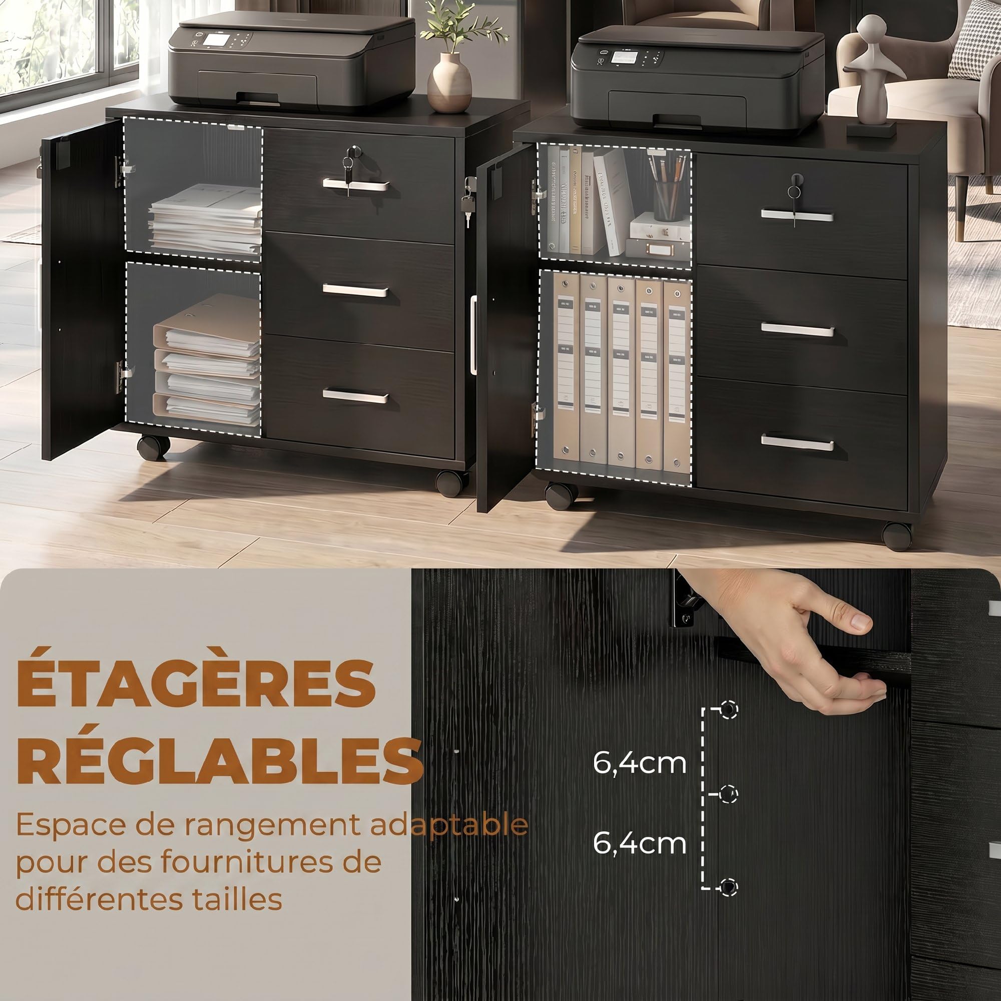 HOMCOM Cassettiera da scrivania con 3 cassetti, 40 x 60 x 56 cm, colore: Nero | Armadietto portaoggetti regolabile per ufficio, ruote