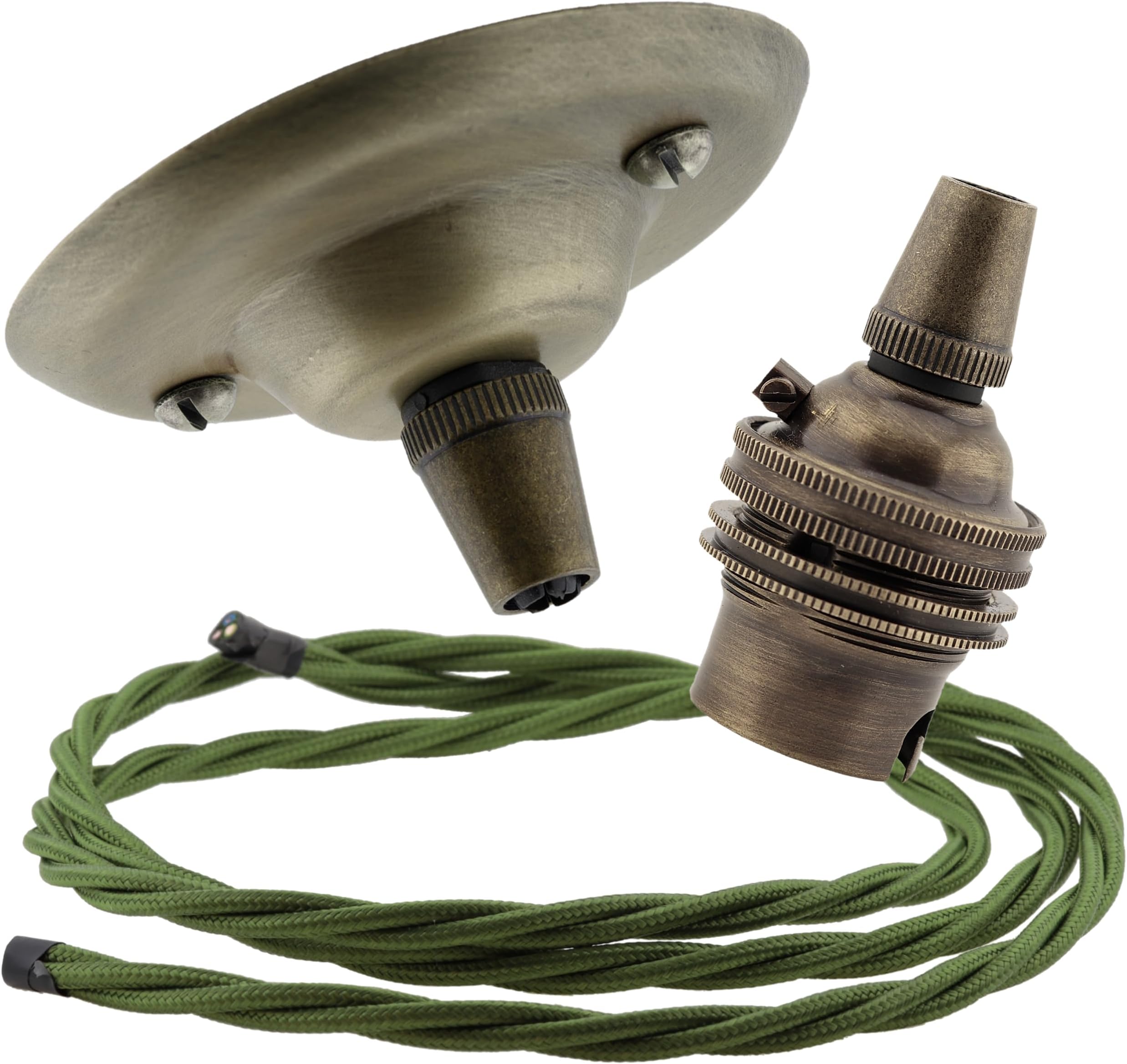 Repaireum Ltd. Vintage Styled Ceiling Pendant Kit incl. Antiqued Brass Finish Rose, B22 Bulb Holder and 3 Core Green Braided Twisted Flex