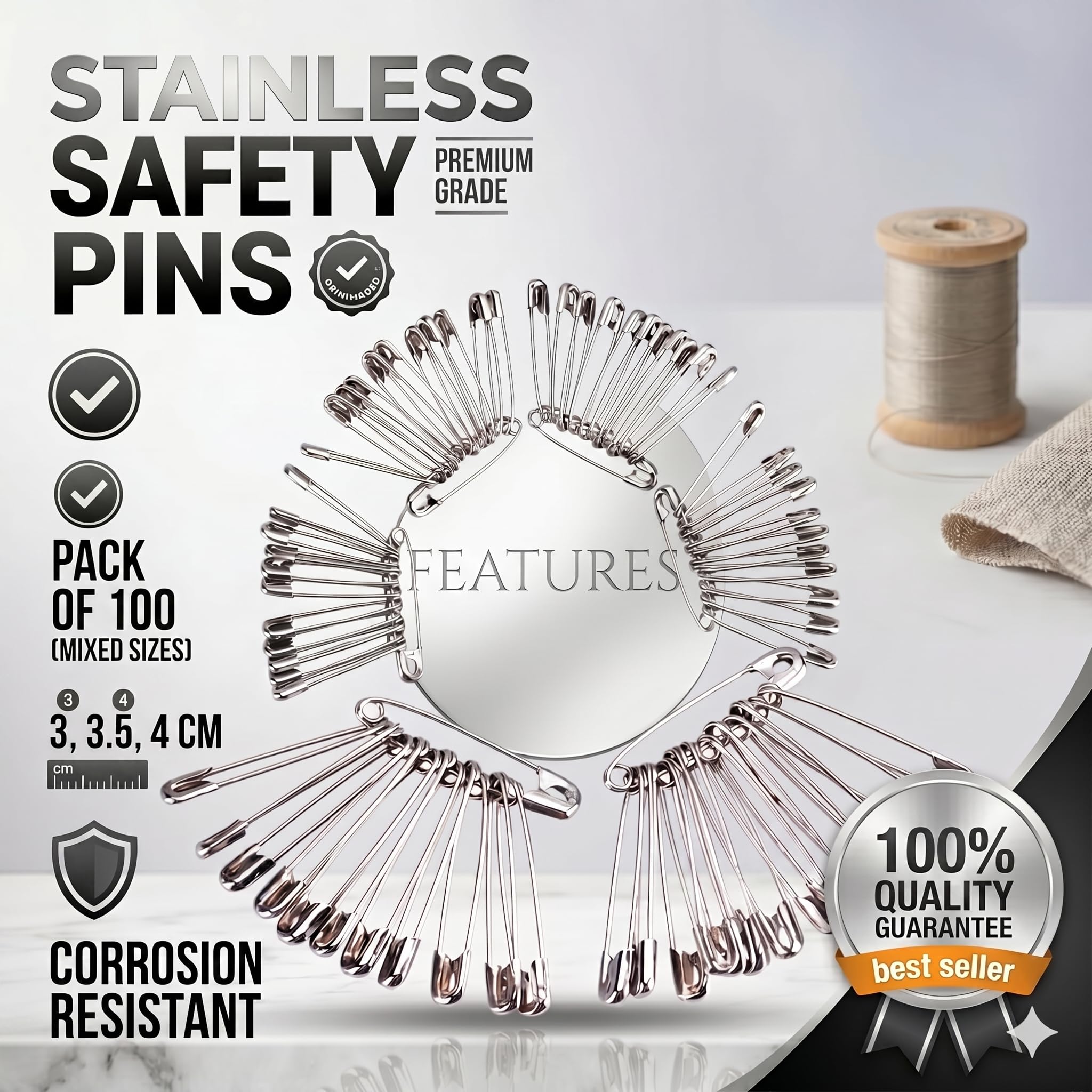On Blow Premium Steel Safety Pins for Girls and Women – Assorted Sizes Mix Pack (4cm, 3.5cm, 3cm) | Durable & Rust-Resistant Pins for Sarees, Hijabs, Sewing, Crafting & Fashion – Pack of 100