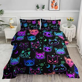 Axolotl Cat Comforter Set King,Kawaii Gradient Cat Bedding with 1 Comforter 2 Pillowcases,Colorful Neon Cats Animal Bed Set,Moon Stars Bedding for Kids Boys Girls Teens Adults Room Decor All Season