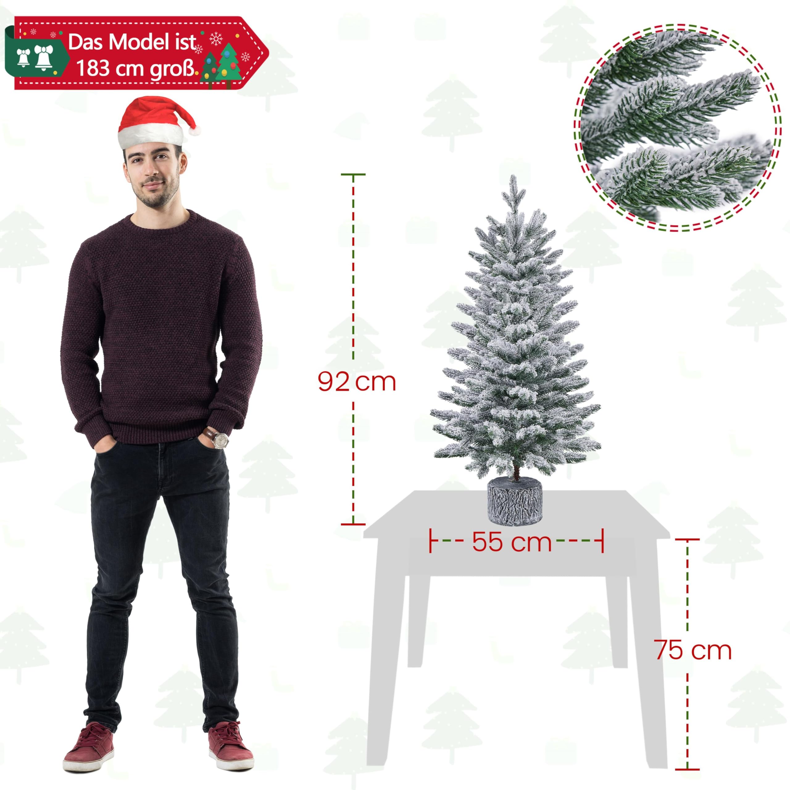 Yaheetech 92 cm Mini Künstlicher Weihnachtsbaum mit Schnee, Eingetopfter Tannenbaum mit 50 LEDs in Warmweiß und 355 Spitzen, Schneebedeckter Beflockter Kleiner Christbaum