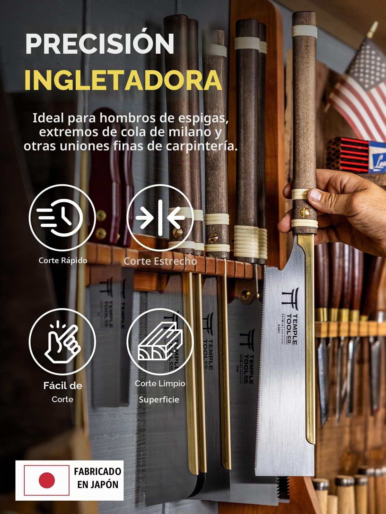 Temple Tool Co. - Sierra de tracción japonesa - Crosscut 9.5 - Sierra de mano para cortes transversales de carpintería, Kumiko, hombros de espiga