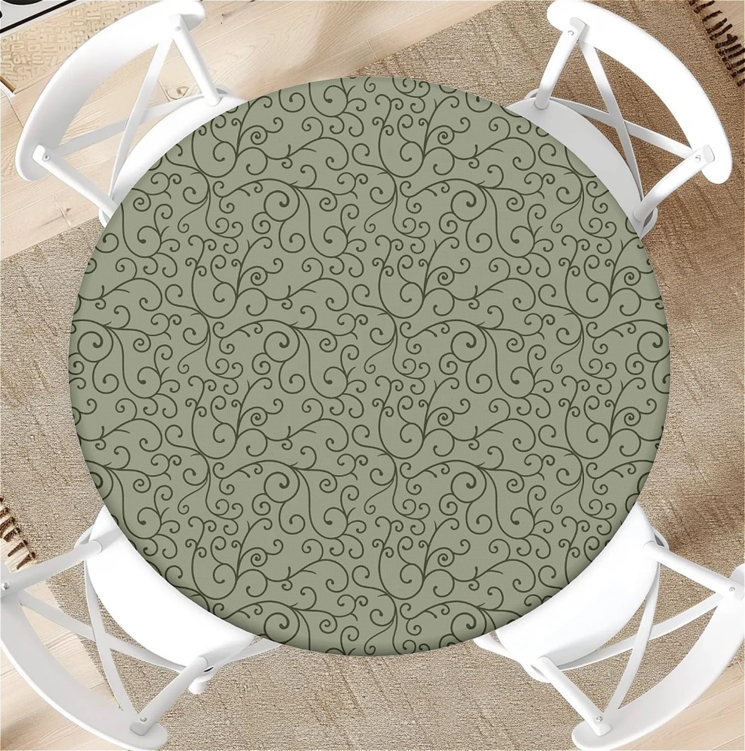 artslion Modern Round Table Cloth Wipe Clean 31 inch, Waterproof Table Cover with Elastic for Dining Room, Kitchen & Coffee Table-Soft Green Scroll