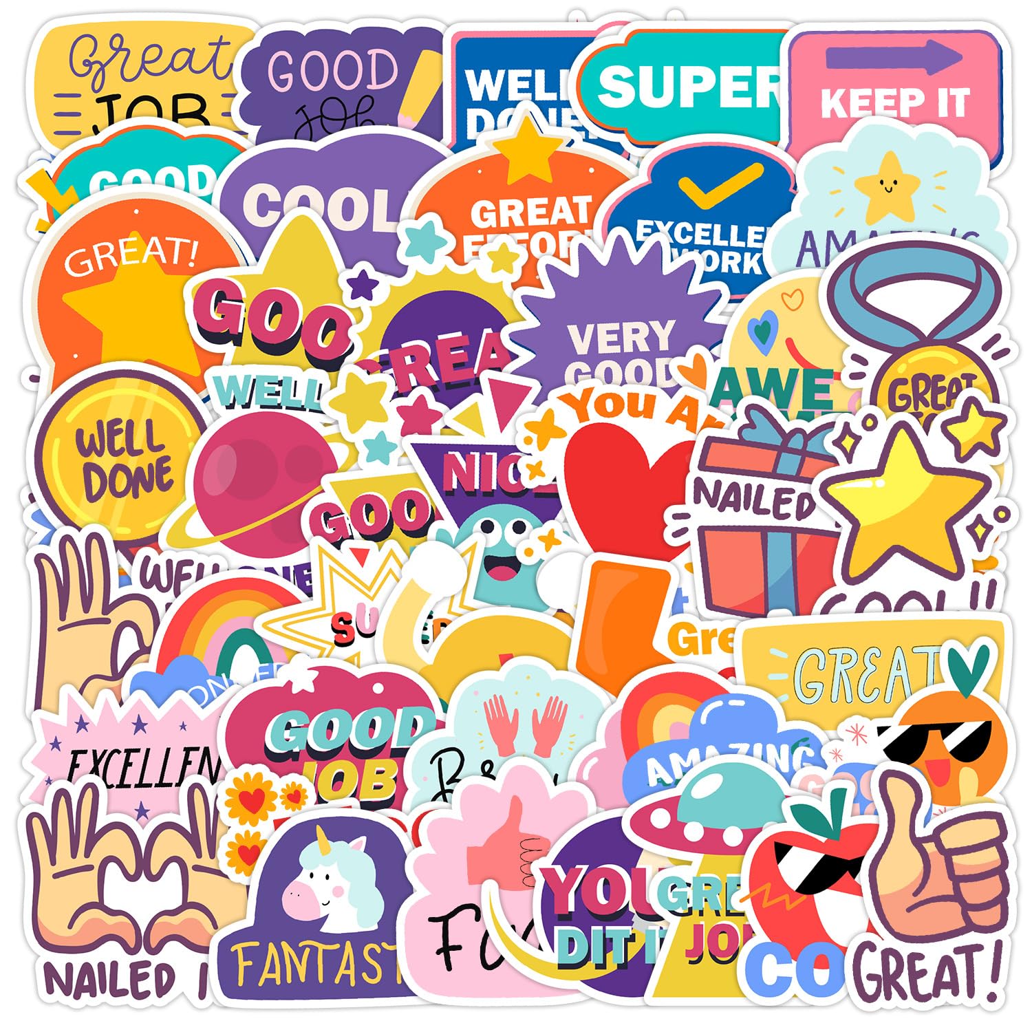 50PCS Reward Series Stickers,Gift for Teens Kids Adults Teachers Classroom,Cute Cartoon Graffiti Waterproof Decals for Computer Skateboard Luggage Notebook Journal Guitar Helmet Bike Phone Laptop