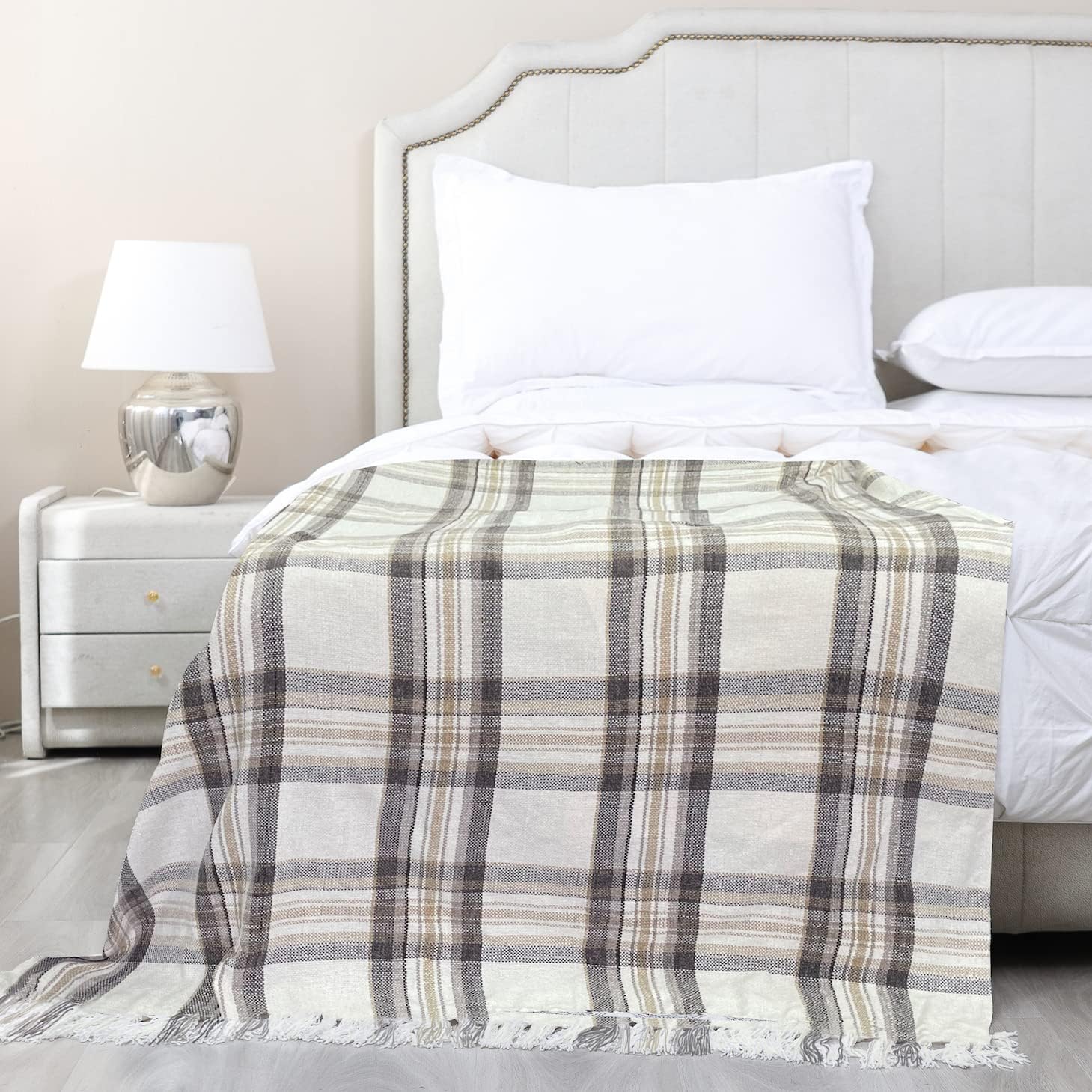 Taupe Grey and White Plaid Decor Tartan Blanket, Lightweight Soft Chenille Striped Knitted Rustic Farmhouse Throw with Tassels for Couch Sofa Chair Bed Office Home, 50" x 60" - Image 3