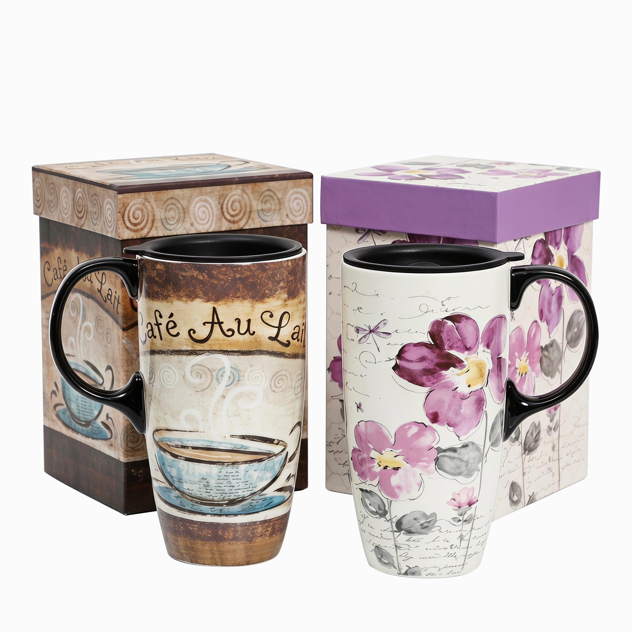 Topadorn Keramik-Reisebecher Latte-Becher 500ml Kaffeetasse mit versiegeltem Deckel und Geschenkbox 2er-Set
