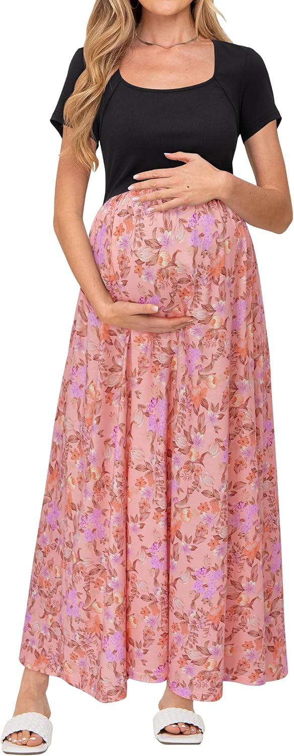 OUGES Womens 2024 Summer Maternity Maxi Dress for Photoshoot Short Sleeve Baby Shower Casual Long Dress with Pockets