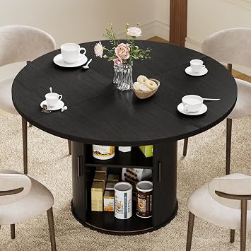 HOMMPA 48 Round Dining Table for 4 Kitchen Dining Table with Storage Dinner Table with 2-Layer Shelf and Wood Slide Door for Home Dining Room Living Room Black