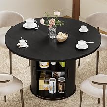 HOMMPA 48 Round Dining Table for 4 Kitchen Dining Table with Storage Dinner Table with 2-Layer Shelf and Wood Slide Door for Home Dining Room Living Room Black