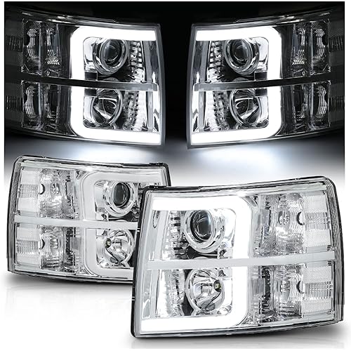 M-AUTO Chrome Projector Headlamp Headlights Assembly with 2 Pair PRE-ASSEMBLED 6000K LED BULBS Compatible with 07 08 09 10 11 12 13 Chevy Silverado 1500/07-14 Silverado 2500 3500 & HD Models