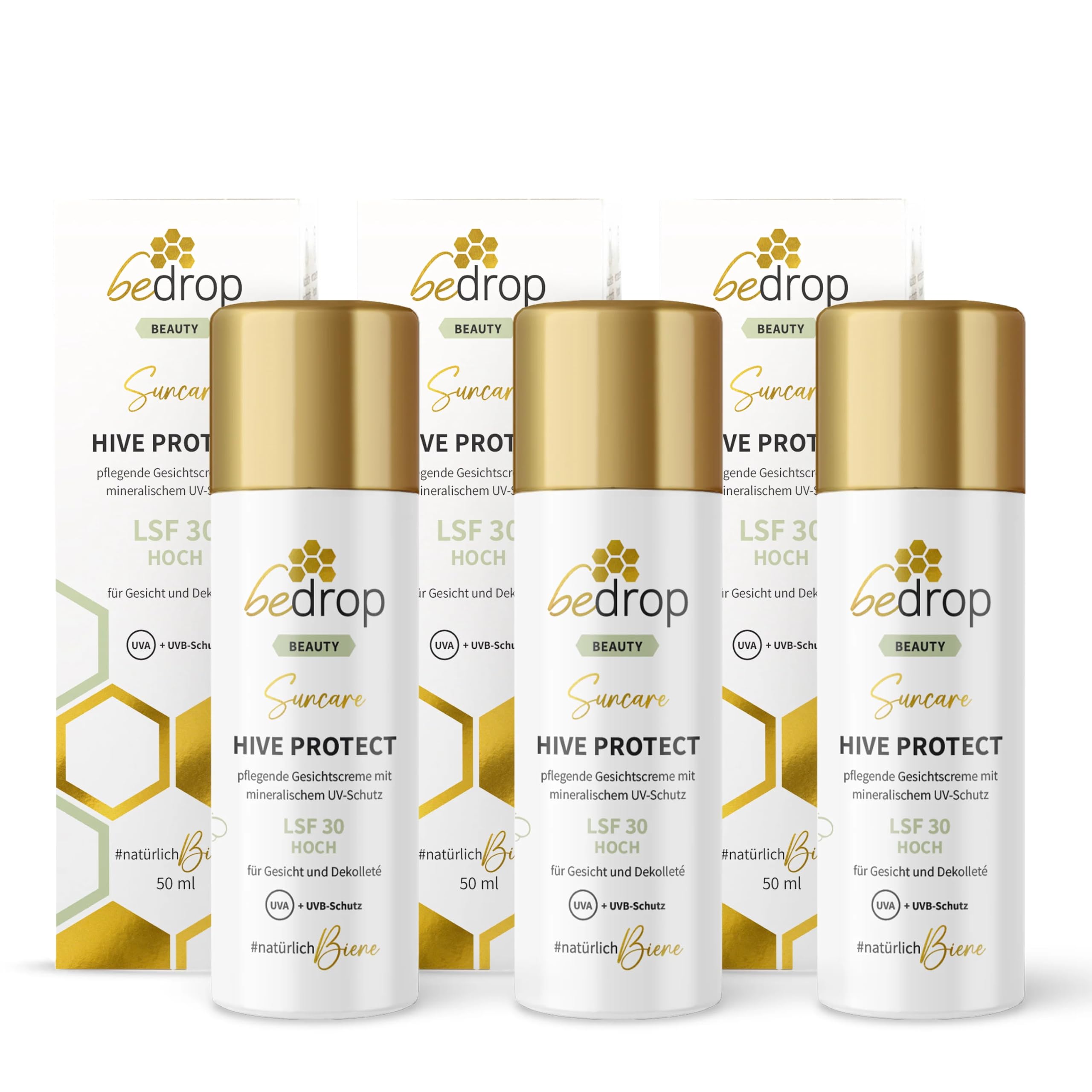 bedrop Hive Protect I Gesicht Sonnencreme mit LSF 30 | 50ml (3er Pack) | Tagescreme mit LSF 30 - Mineralischer Zinkoxid UVA & UVB-Schutz mit Carnosin und Rosenwasser – ideal für sensible Haut