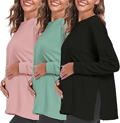 Ecavus Women's Casual Maternity Shirts Long Sleeve Soft and Comfy Pregnancy Tee Tops Side Split Maternity Clothes