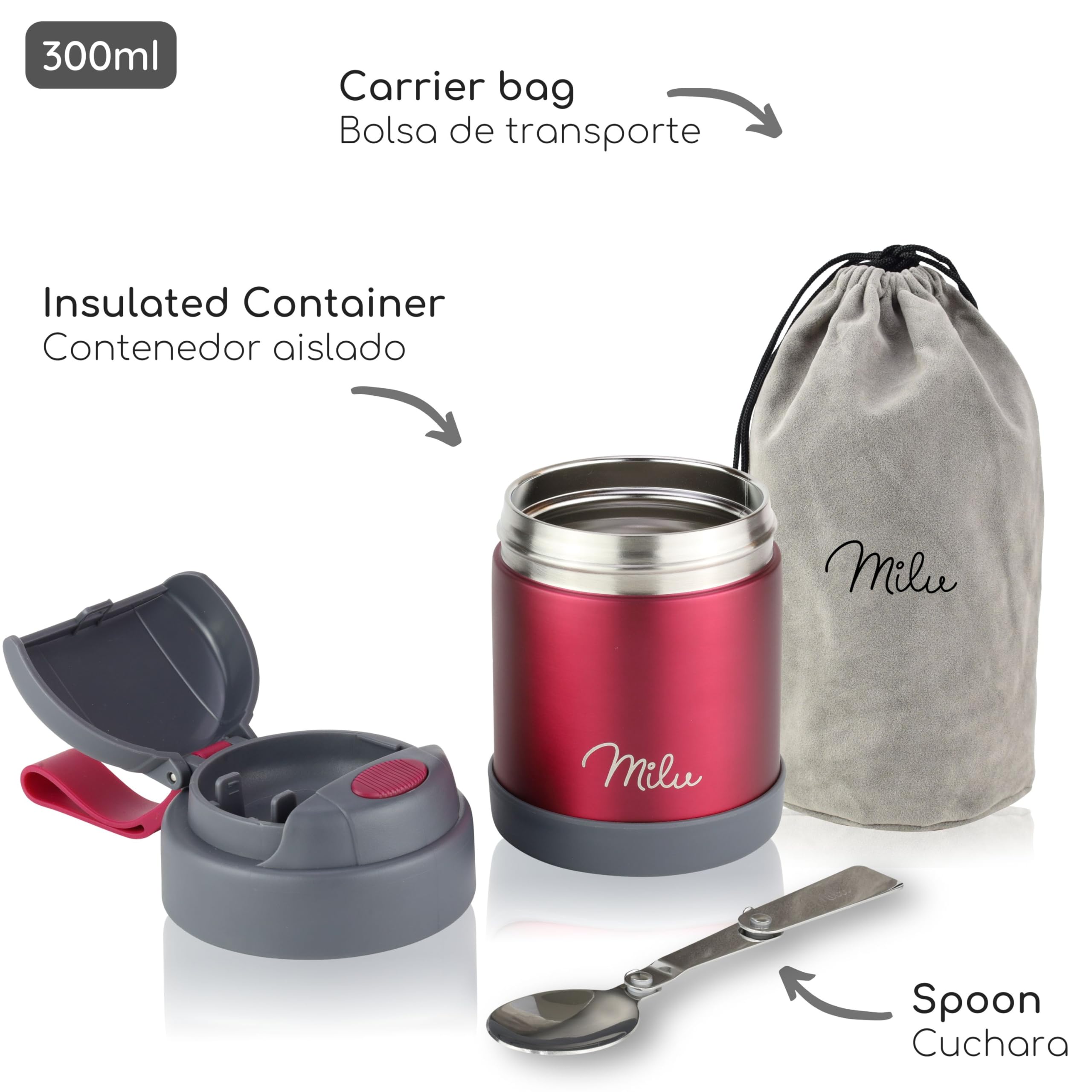 Milu Termo para Comida 300ml, 440ml, 450ml, 650ml, 800ml Taza Aislada, Botella de Acero Inoxidable Aislada para Alimentos, Beber y sopa de adultos A prueba de fugas Térmico (300ml/Bayas) — view 4