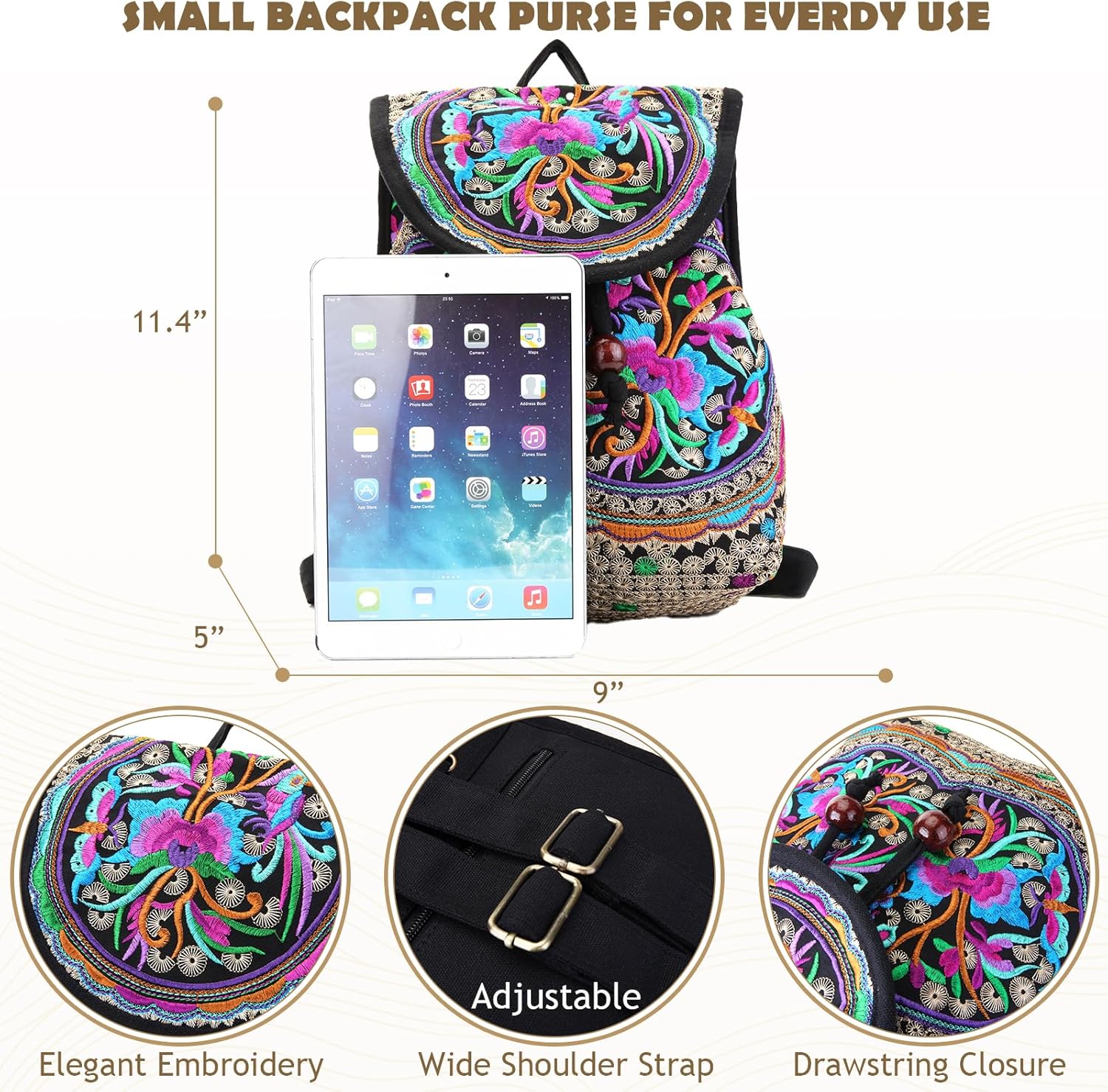 Jursccu Embroidery Backpack Purse for Women Vintage Handbag Small Drawstring Casual Travel Shoulder Bag Daypack Pink Blue Flowers - Image 3